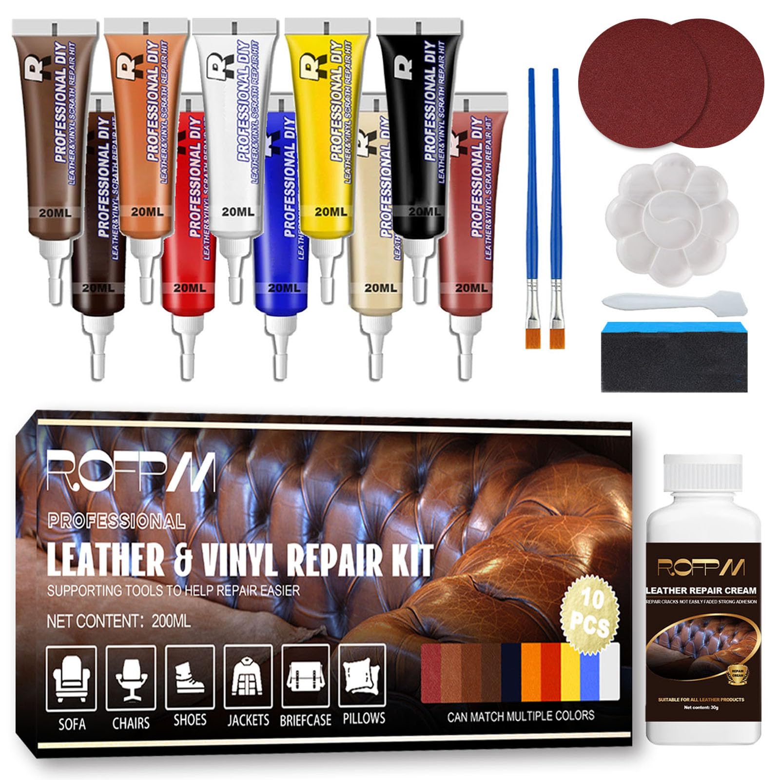 ROFPM Leather Repair Kit, Lederreparatur Creme, Kunstleder Lederreparaturset, 10 Farben Lederfüller, Lederreparaturpaste, Lederrestaurator für Kratzer Reparatur Sofas, Autositze, Jacken (10 * 30ml) von ROFPM