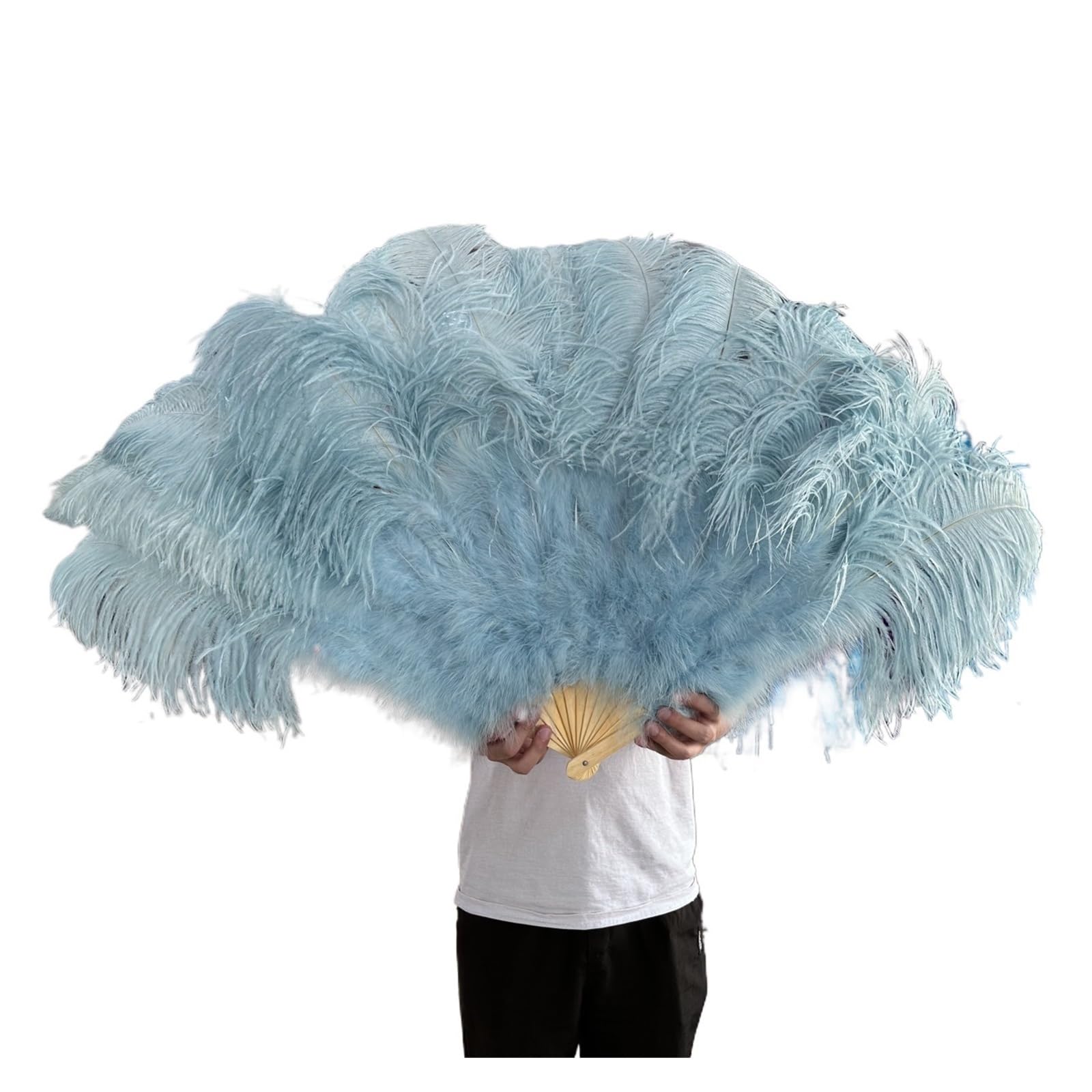 Faltfächer, Handfächer, 13 Knochen gelber Straußenfedern-Fächer, 100 cm, Bühnenshow, Performance, Tanz-Requisiten, flauschige Gefieder-Fächer, faltbar, mit Federfächer-Handwerk(Light Blue,130CM) von ROJDFCNBW