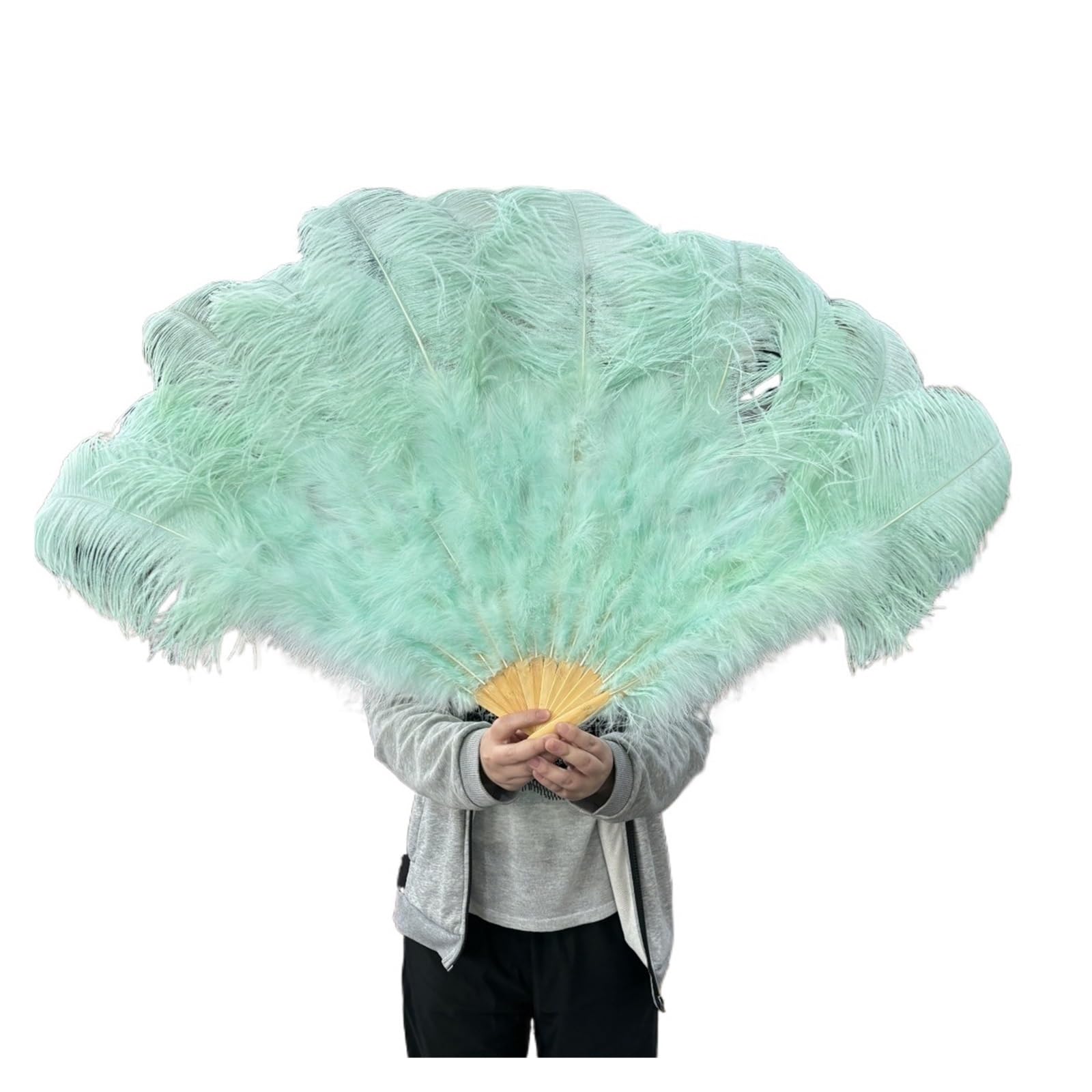 Faltfächer, Handfächer, 13 Knochen gelber Straußenfedern-Fächer, 100 cm, Bühnenshow, Performance, Tanz-Requisiten, flauschige Gefieder-Fächer, faltbar, mit Federfächer-Handwerk(Mint Green,100CM) von ROJDFCNBW