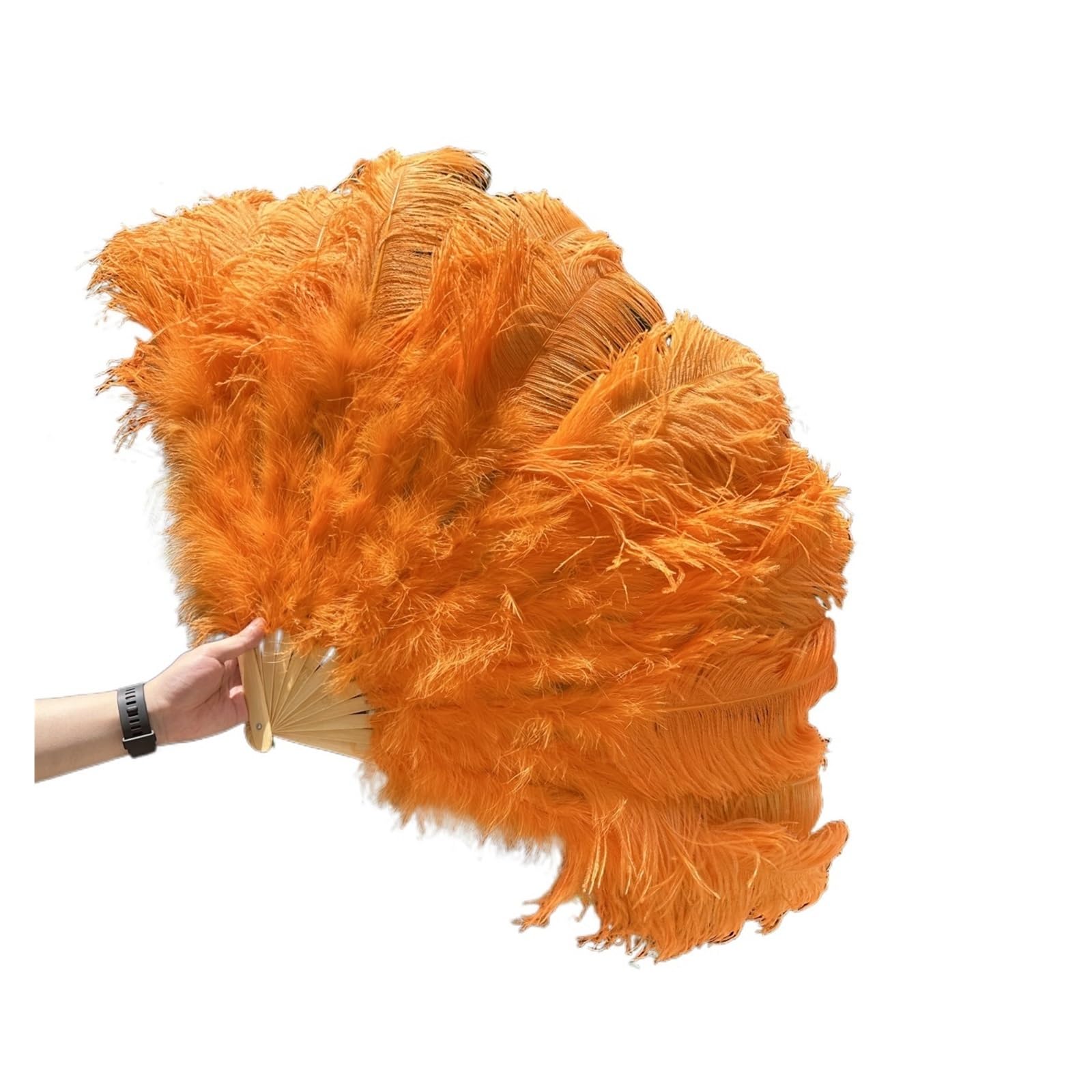 Faltfächer, Handfächer, 13 Knochen gelber Straußenfedern-Fächer, 100 cm, Bühnenshow, Performance, Tanz-Requisiten, flauschige Gefieder-Fächer, faltbar, mit Federfächer-Handwerk(Orange,100CM) von ROJDFCNBW