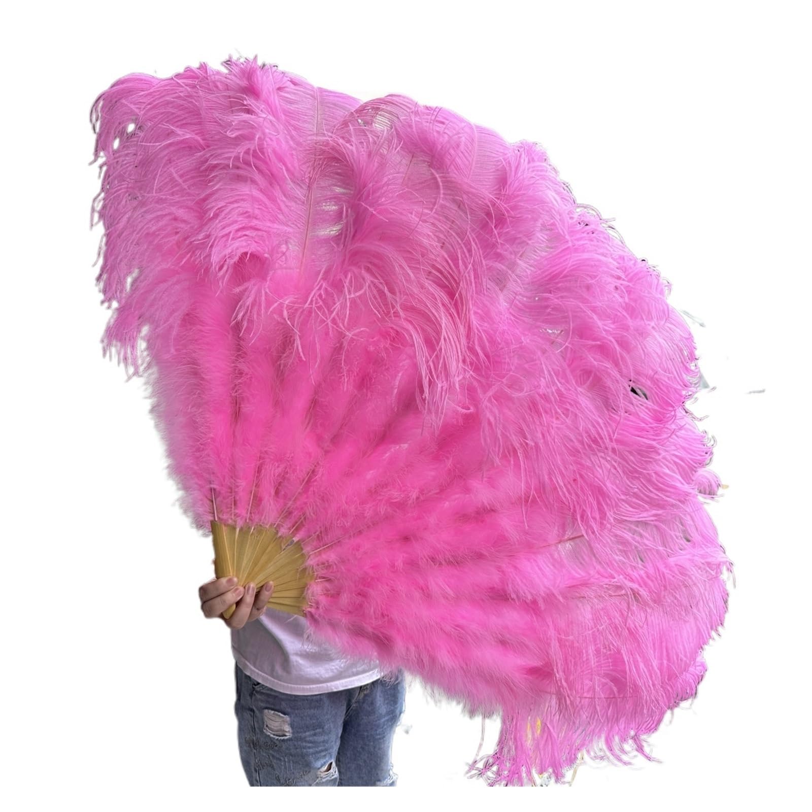 Faltfächer, Handfächer, 13 Knochen gelber Straußenfedern-Fächer, 100 cm, Bühnenshow, Performance, Tanz-Requisiten, flauschige Gefieder-Fächer, faltbar, mit Federfächer-Handwerk(Pink,100CM) von ROJDFCNBW