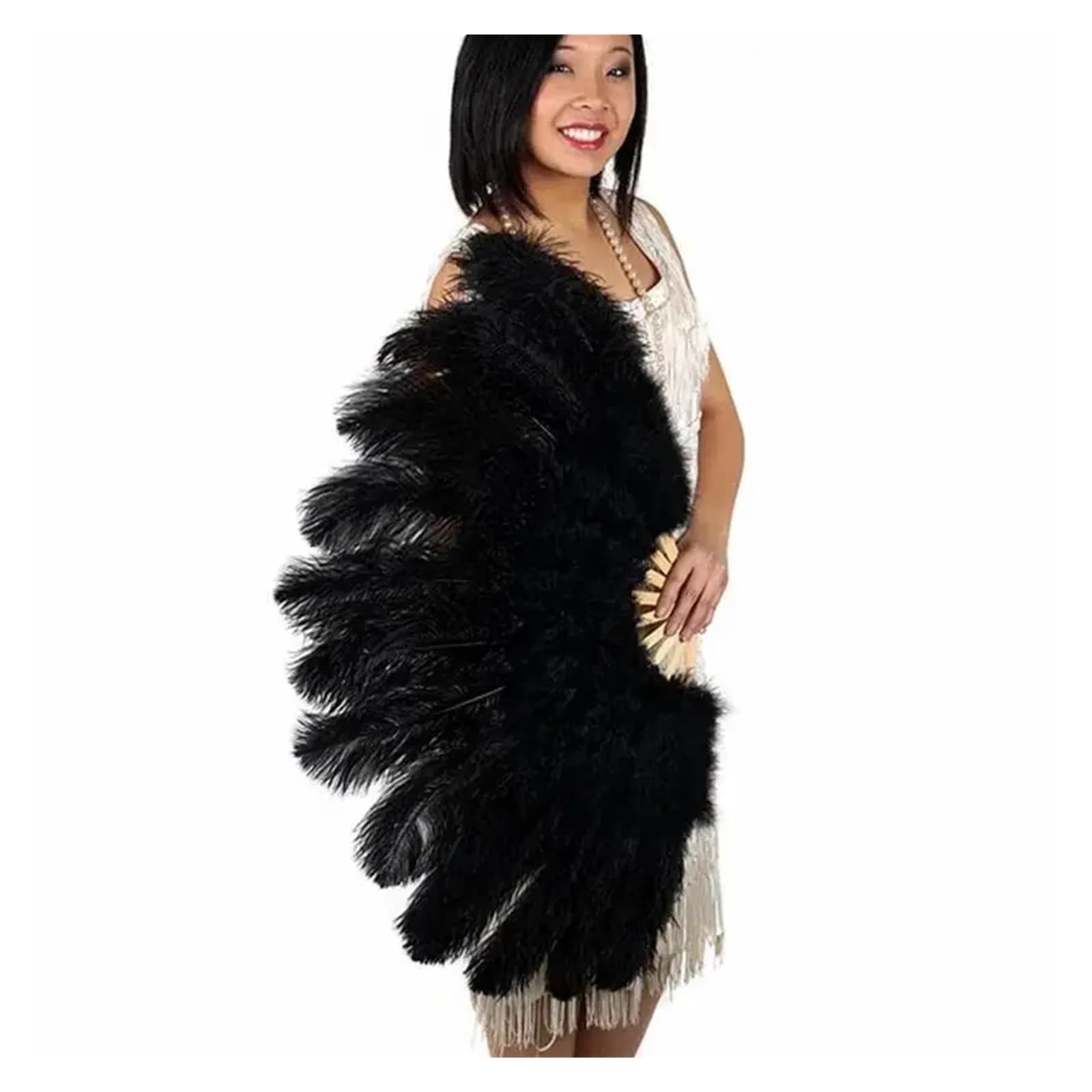 Faltfächer, Handfächer, 13Bones rosa Straußenfeder-Fächer, Bauchtanz-Show-Fächer, Halloween-Party, Hochzeit, Bühnen-Requisiten, gehaltene faltbare Feder-Fächer(Black,130cm) von ROJDFCNBW