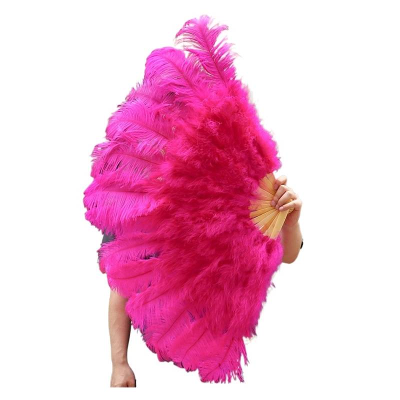 Faltfächer, Handfächer, 13Bones rosa Straußenfeder-Fächer, Bauchtanz-Show-Fächer, Halloween-Party, Hochzeit, Bühnen-Requisiten, gehaltene faltbare Feder-Fächer(Rose Red,100cm) von ROJDFCNBW