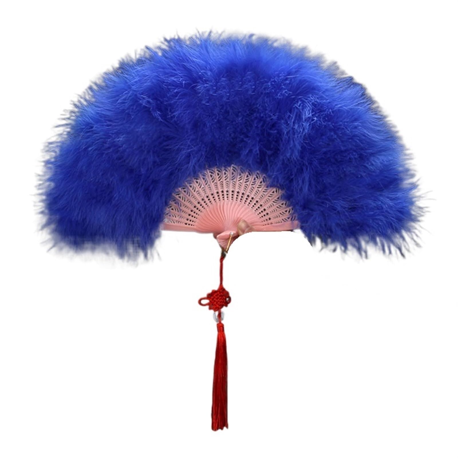 Faltfächer, Handfächer, Faltende Federfächer, eleganter Faltfächer, voller Samt, bunter weißer Federfächer, chinesischer Knoten, Handfächer, Mädchen, Tanz, Hochzeit, Party(Blue) von ROJDFCNBW