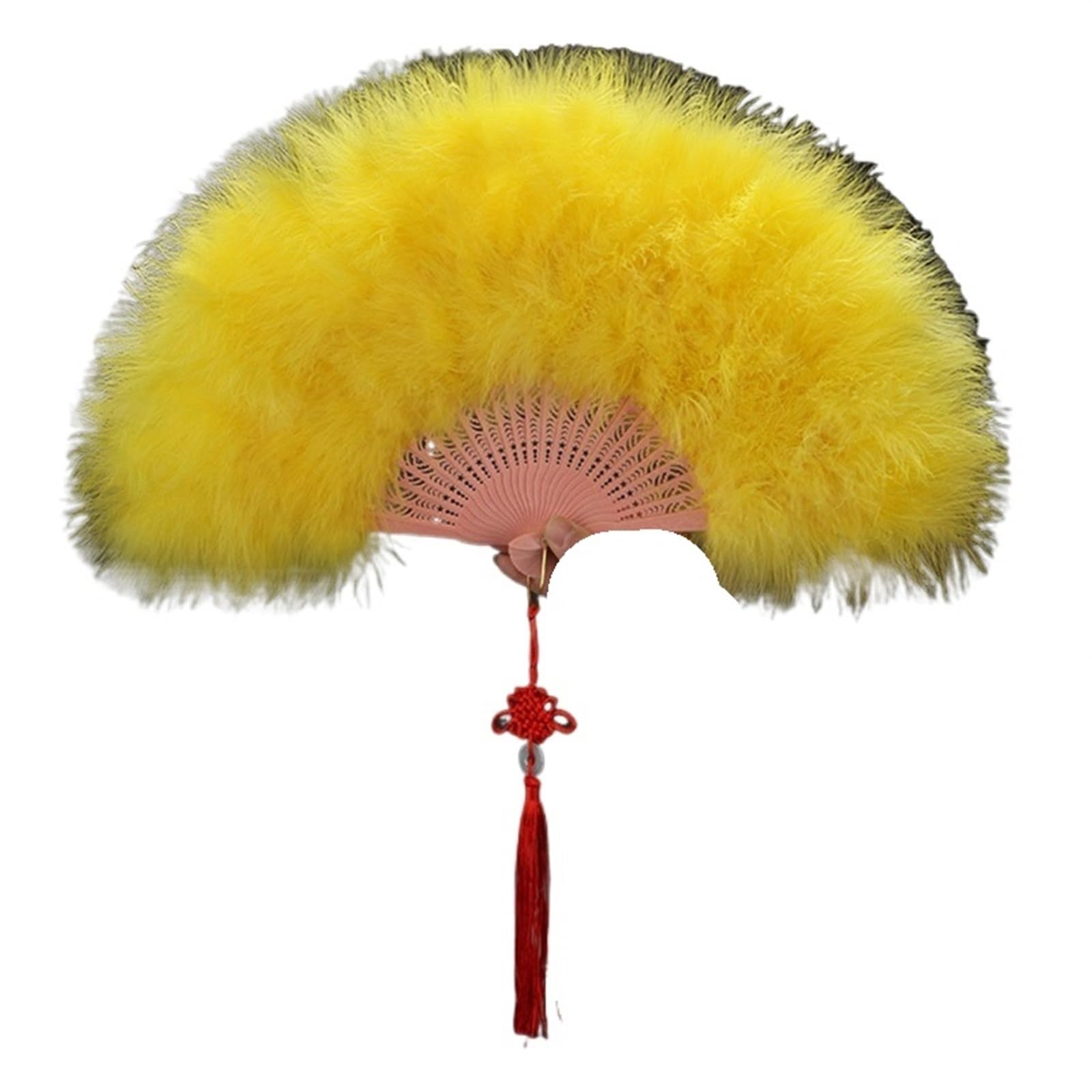 Faltfächer, Handfächer, Faltende Federfächer, eleganter Faltfächer, voller Samt, bunter weißer Federfächer, chinesischer Knoten, Handfächer, Mädchen, Tanz, Hochzeit, Party(Yellow) von ROJDFCNBW