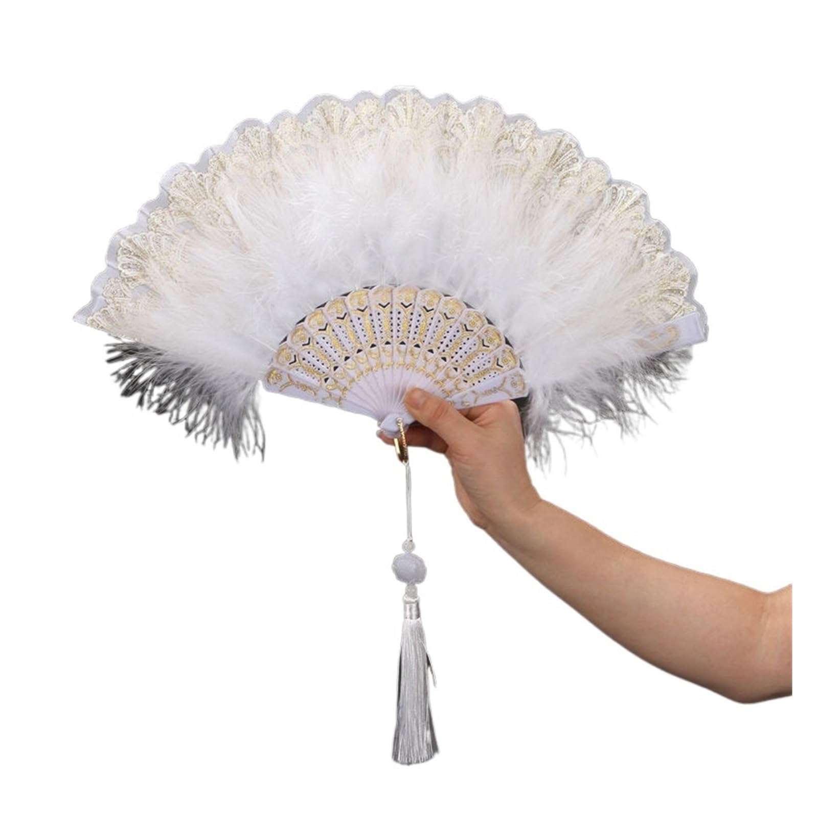 Faltfächer, Handfächer, Feder-Tanz-Fächer, Feder-Faltfächer, süßer Mädchen-Tanz-Handfächer mit Anhänger, Geschenk, Hochzeit, Party-Dekoration(White With Pendant) von ROJDFCNBW