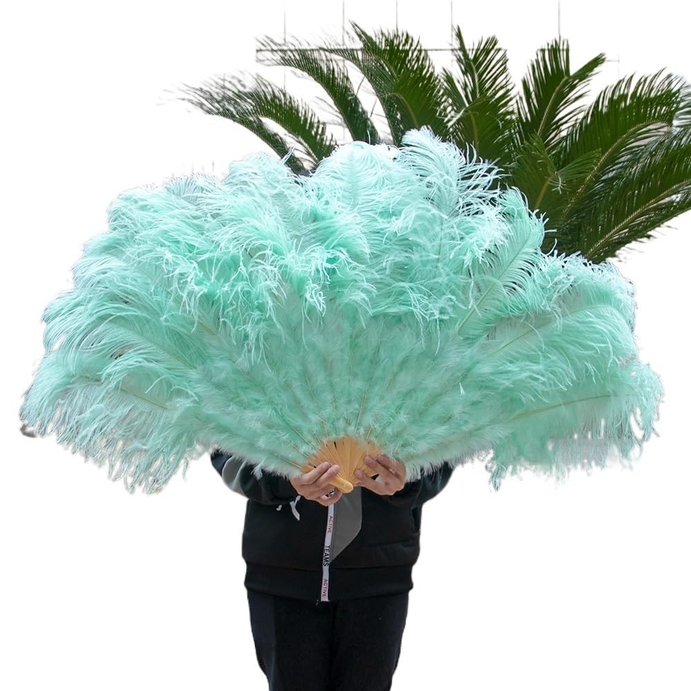 Faltfächer, Handfächer, Gelbe große Straußenfeder-Fächer, flauschiger Performance-Tanz-Handfächer, faltbar, verschiedene Stile, Party-Requisiten, Bühnenshow-Requisiten(Mint Green,130CM) von ROJDFCNBW