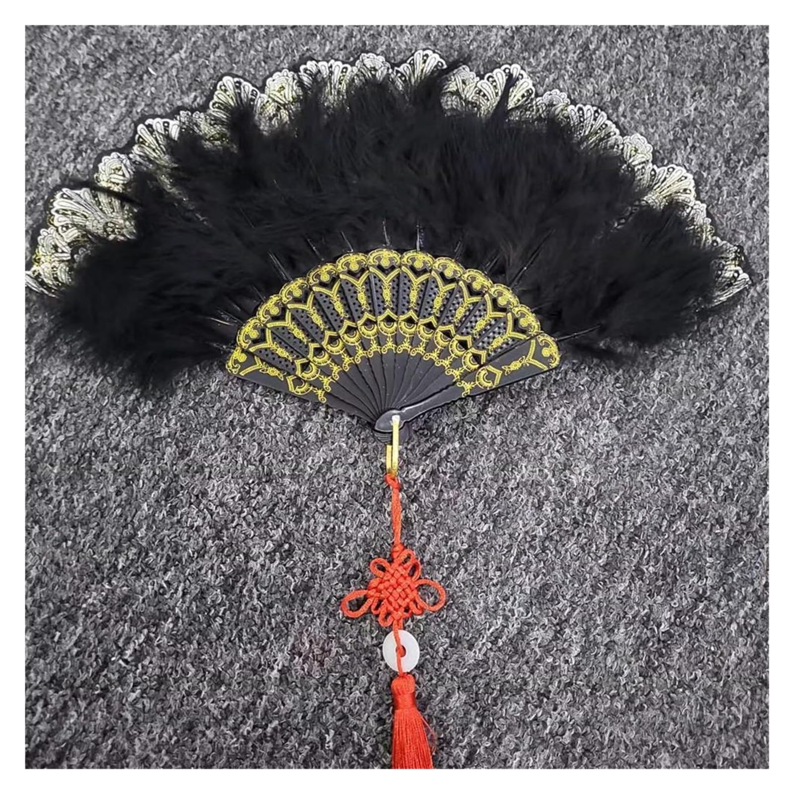 Faltfächer, Handfächer, Klappbare Federfächer, Feder-Faltfächer, süßes Mädchen, Tanz-Handfächer mit Anhänger, Geschenk, Hochzeit, Party, Dekoration, Feder-Falthandfächer(Black With Knot) von ROJDFCNBW