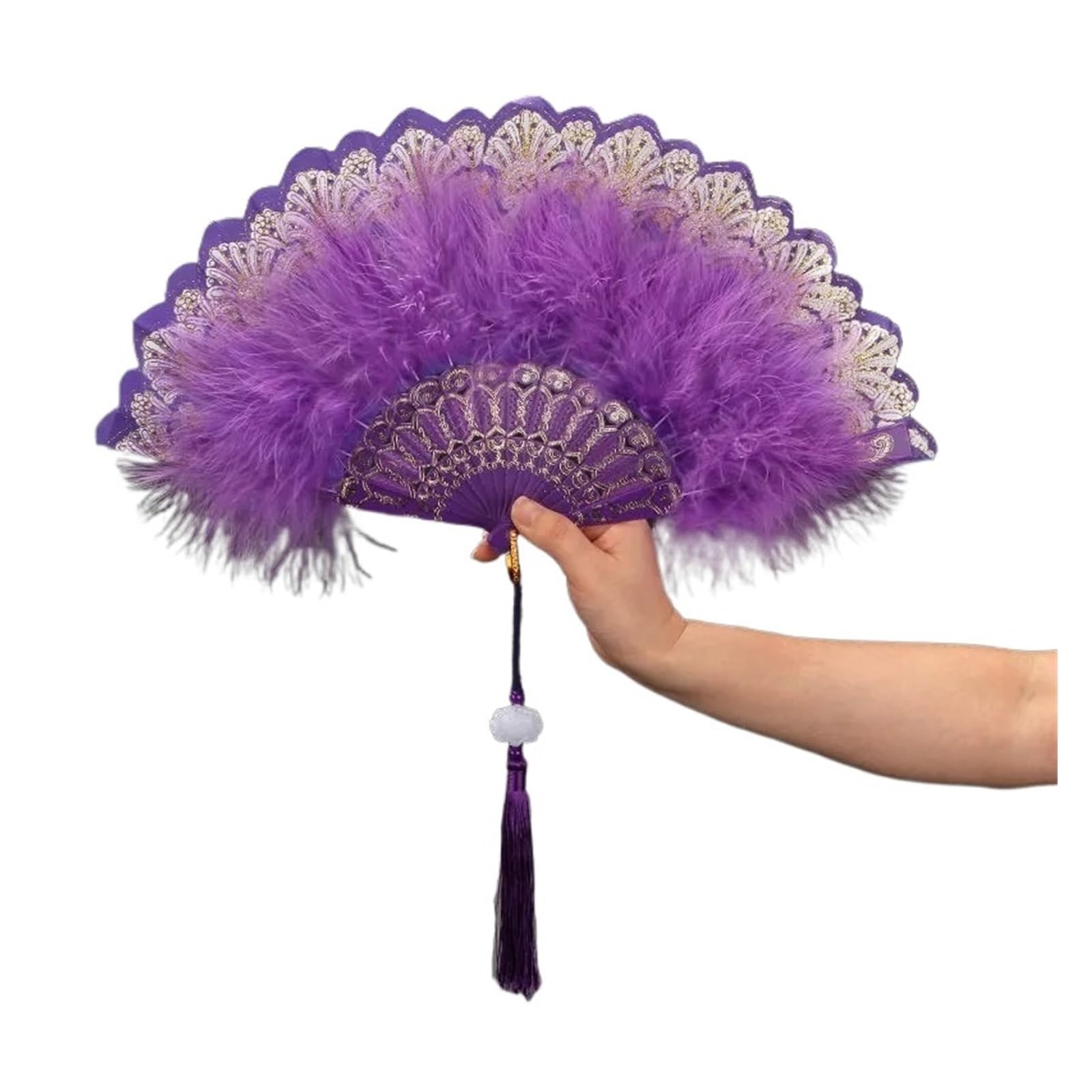 Faltfächer, Handfächer, Klappbare Federfächer, Feder-Faltfächer, süßes Mädchen, Tanz-Handfächer mit Anhänger, Geschenk, Hochzeit, Party, Dekoration, Feder-Falthandfächer(Purple With Pendant) von ROJDFCNBW