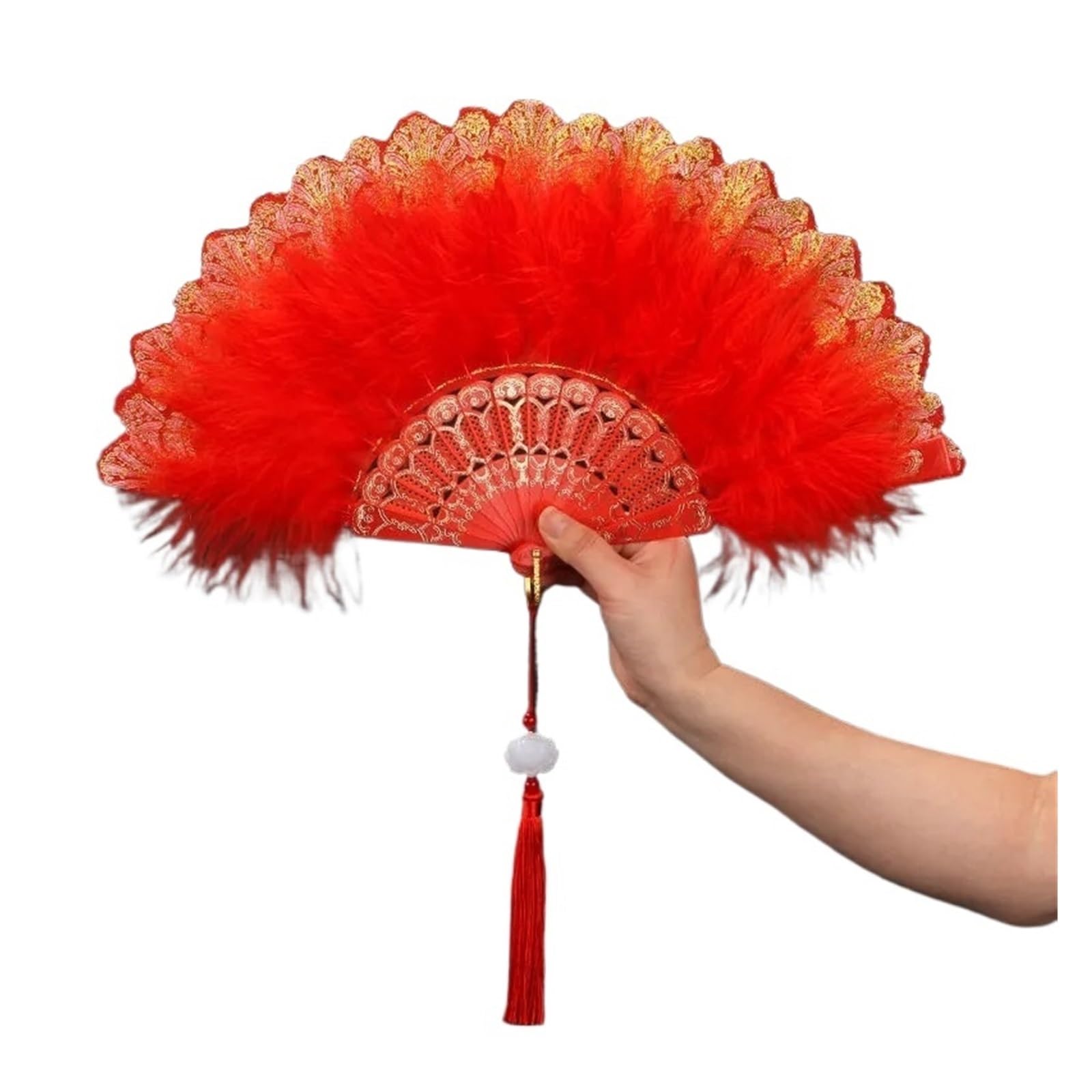 Faltfächer, Handfächer, Klappbare Federfächer, Feder-Faltfächer, süßes Mädchen, Tanz-Handfächer mit Anhänger, Geschenk, Hochzeit, Party, Dekoration, Feder-Falthandfächer(Red With Pendant) von ROJDFCNBW