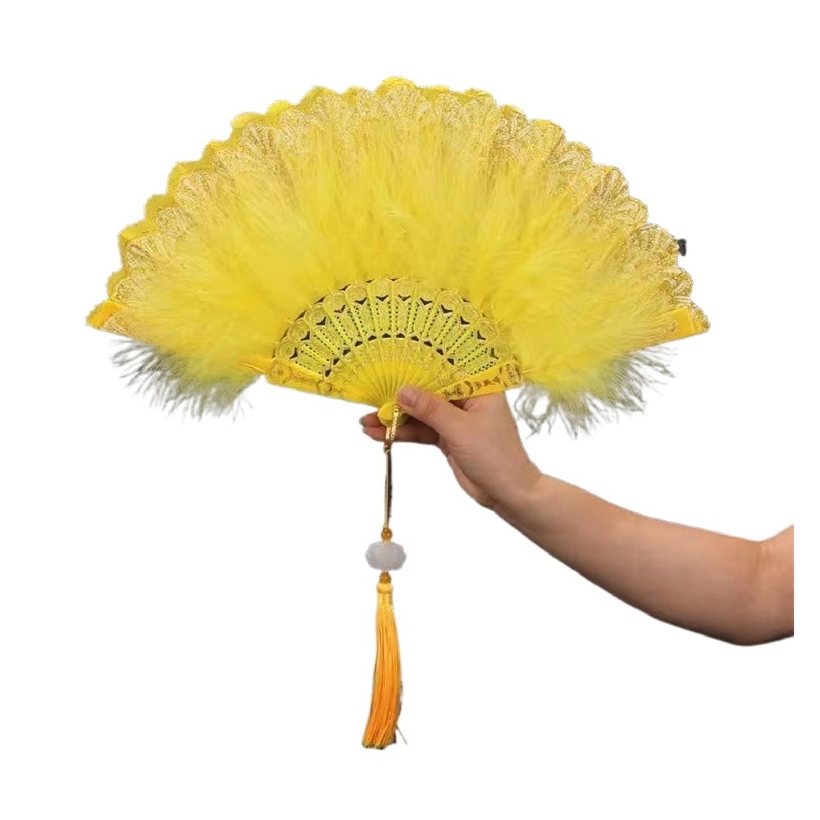 Faltfächer, Handfächer, Klappbare Federfächer, Feder-Faltfächer, süßes Mädchen, Tanz-Handfächer mit Anhänger, Geschenk, Hochzeit, Party, Dekoration, Feder-Falthandfächer(Yellow With Pendant) von ROJDFCNBW