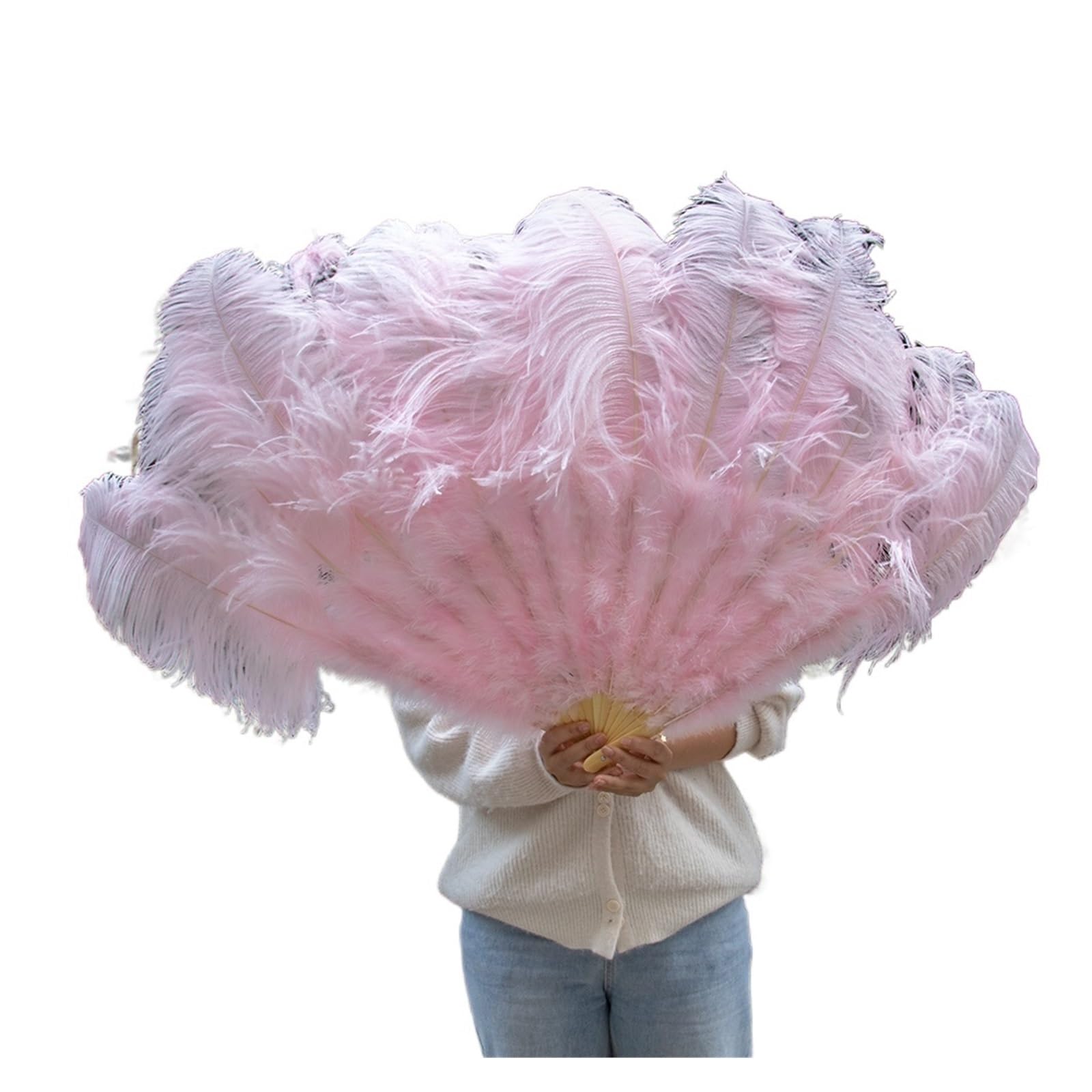 Faltfächer, Handfächer, Rosa großer Straußenfeder-Fächer, 100 cm und 130 cm, handklappbarer Feder-Fächer for Party, Tanzshow, Performance-Requisiten, Fächerfeder, Rosa(Light Pink,130cm) von ROJDFCNBW