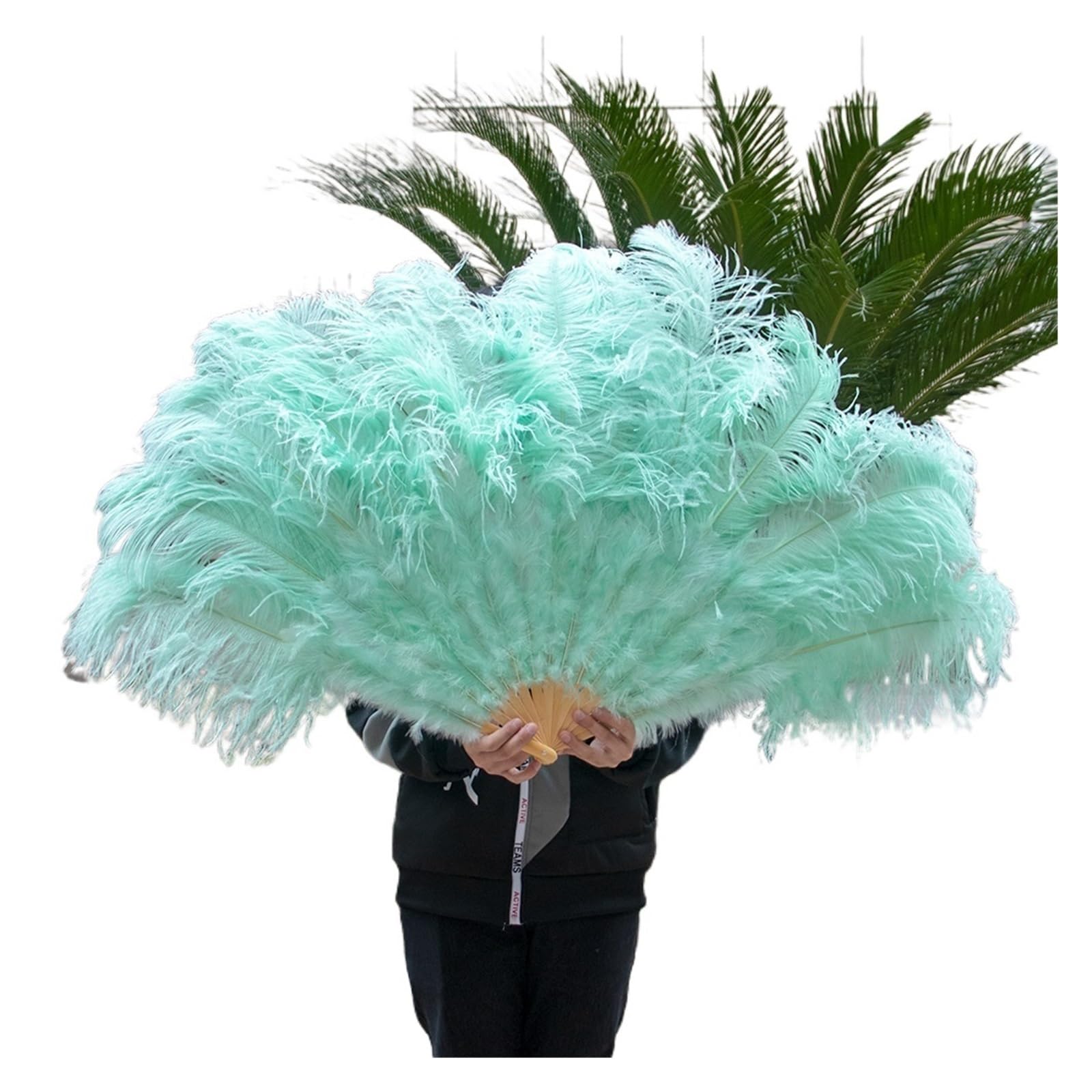 ROJDFCNBW Faltfächer, Handfächer, 13 Knochen Straußenfedern Fächer Karneval Party Hochzeit Feier Bauchtanz Show DIY Dekoration Mintgrüne Federn Fächer(Mint Green) von ROJDFCNBW