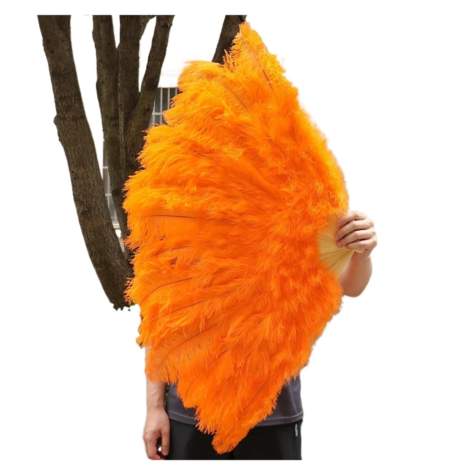 ROJDFCNBW Faltfächer, Handfächer, 13Bones rosa Straußenfeder-Fächer, Bauchtanz-Show-Fächer, Halloween-Party, Hochzeit, Bühnen-Requisiten, gehaltene Faltbare Feder-Fächer(Orange,130cm) von ROJDFCNBW