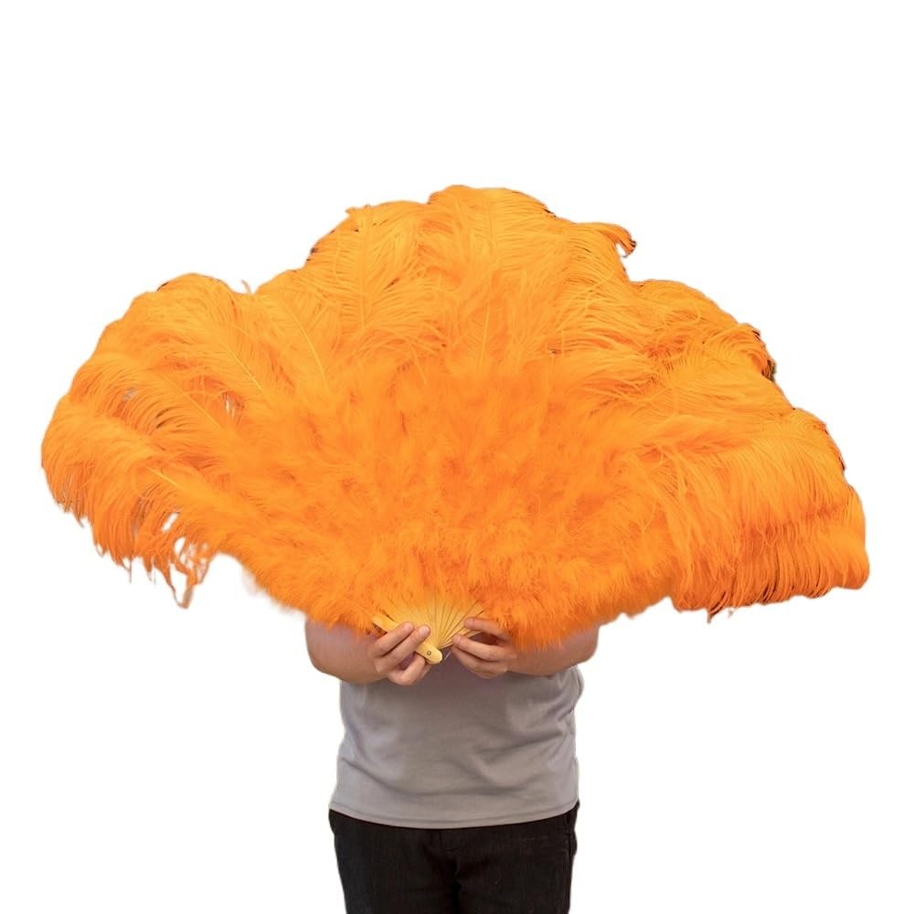 ROJDFCNBW Faltfächer, Handfächer, Gelbe große Straußenfeder-Fächer, Flauschiger Performance-Tanz-Handfächer, faltbar, Party-Requisiten, Bühnenshow-Requisiten(Orange,130CM) von ROJDFCNBW