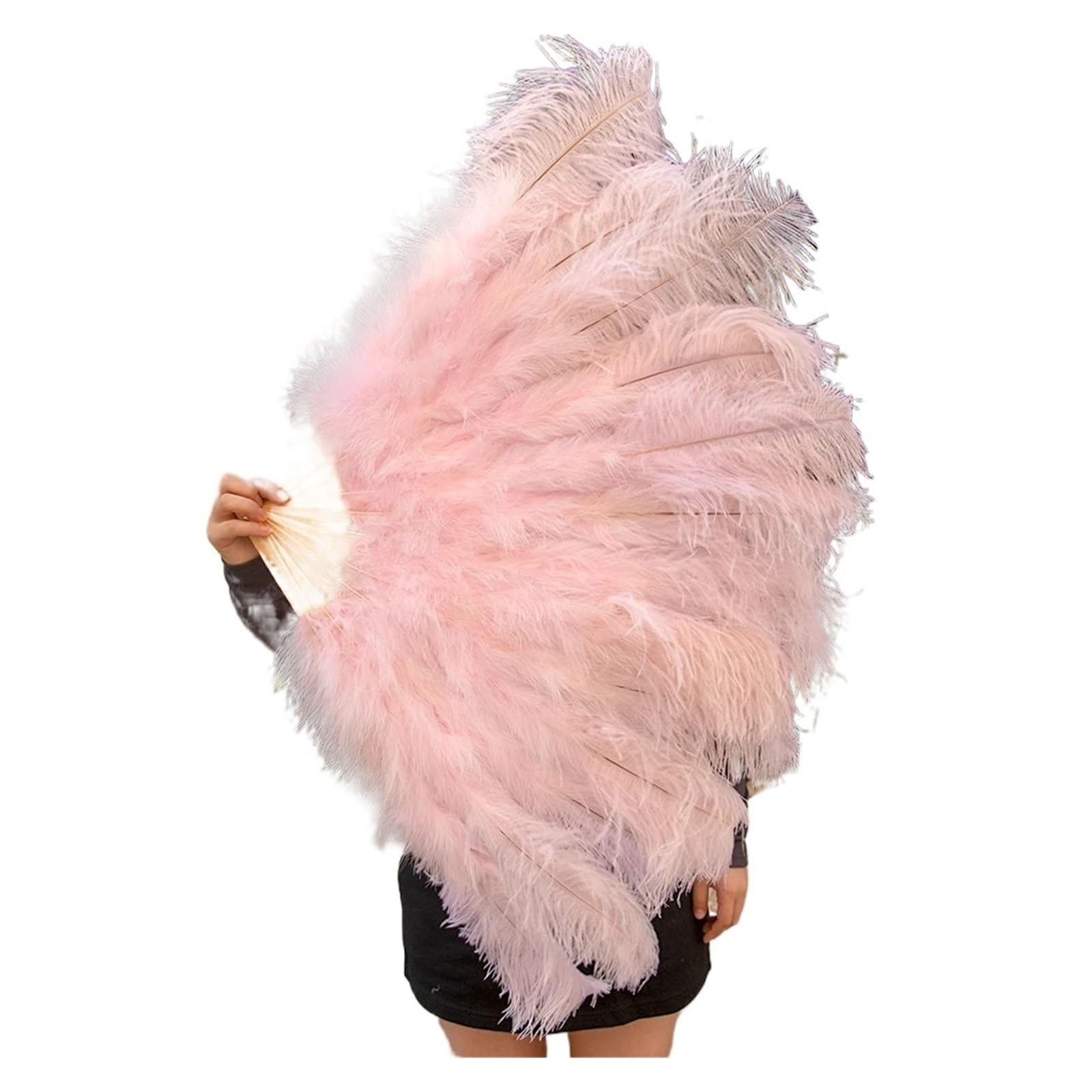 ROJDFCNBW Faltfächer, Handfächer, Großer echter Straußenfeder-Fächer for Dekorieren von Halloween, Hochzeit, Party, Dekoration, Bauchtanz-Fächer, DIY Plumas-Fächerstangen(Light Pink,100 130CM) von ROJDFCNBW