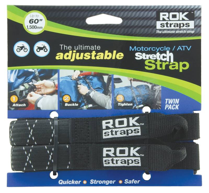 ROK Straps ROK Motorrad Verstellbarer Riemen ROK050 - Schwarz Reflektierende 45,7-60" - Flache Cargo Stretch Strap - Doppelpack von ROK Straps