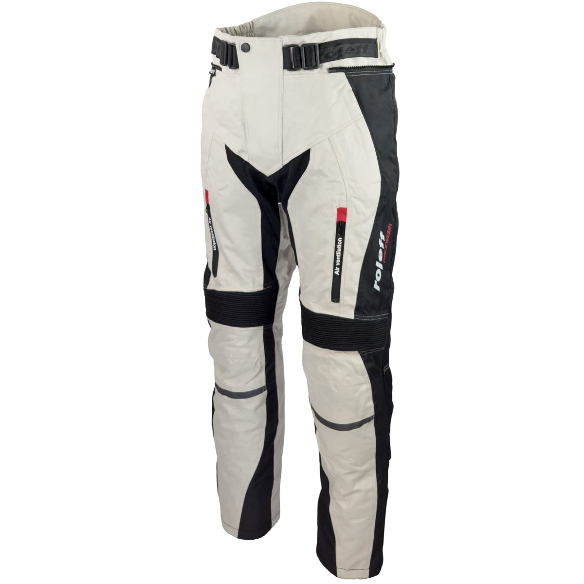 Helle Motorradhose für Sommer und Winter in schwarz/grau mit Protektoren, Belüftungssystem und herausnehmbarem Thermofutter von ROLEFF RACEWEAR