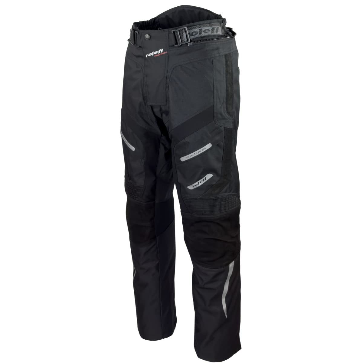 Schwarze Motorradhose mit herausnehmbarem Thermofutter, Protektoren, Reflektoren, Rindslederapplikationen, und Weitenverstellung für Sommer und Winter von Roleff