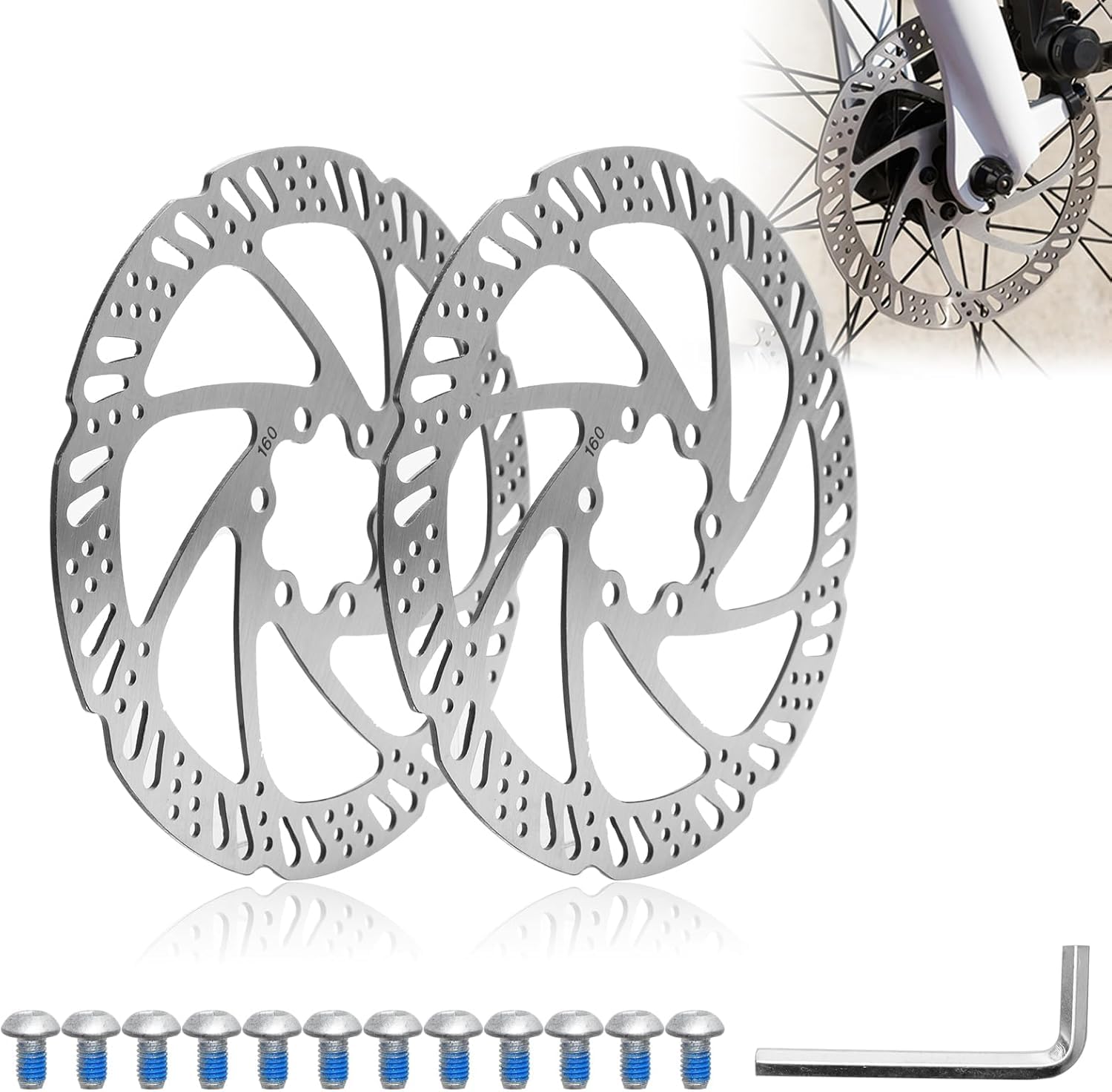 2 Stück Scheibenbremse Fahrrad Bremsscheibe 160mm Bremsscheibe 6 Loch,Edelstahl Fahrrad Scheibenbremse Set mit 12 Schrauben für Mountainbike Rennrad von RONMOSNEA