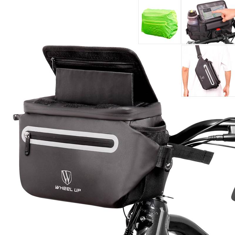 WHEEL UP Lenkertasche Fahrrad 4.5L Wasserdicht ebike fahrradtasche vorne Handyhalterung mit Wasserflaschenhalter Schnellspanner Lenkeradapter von ROTTO