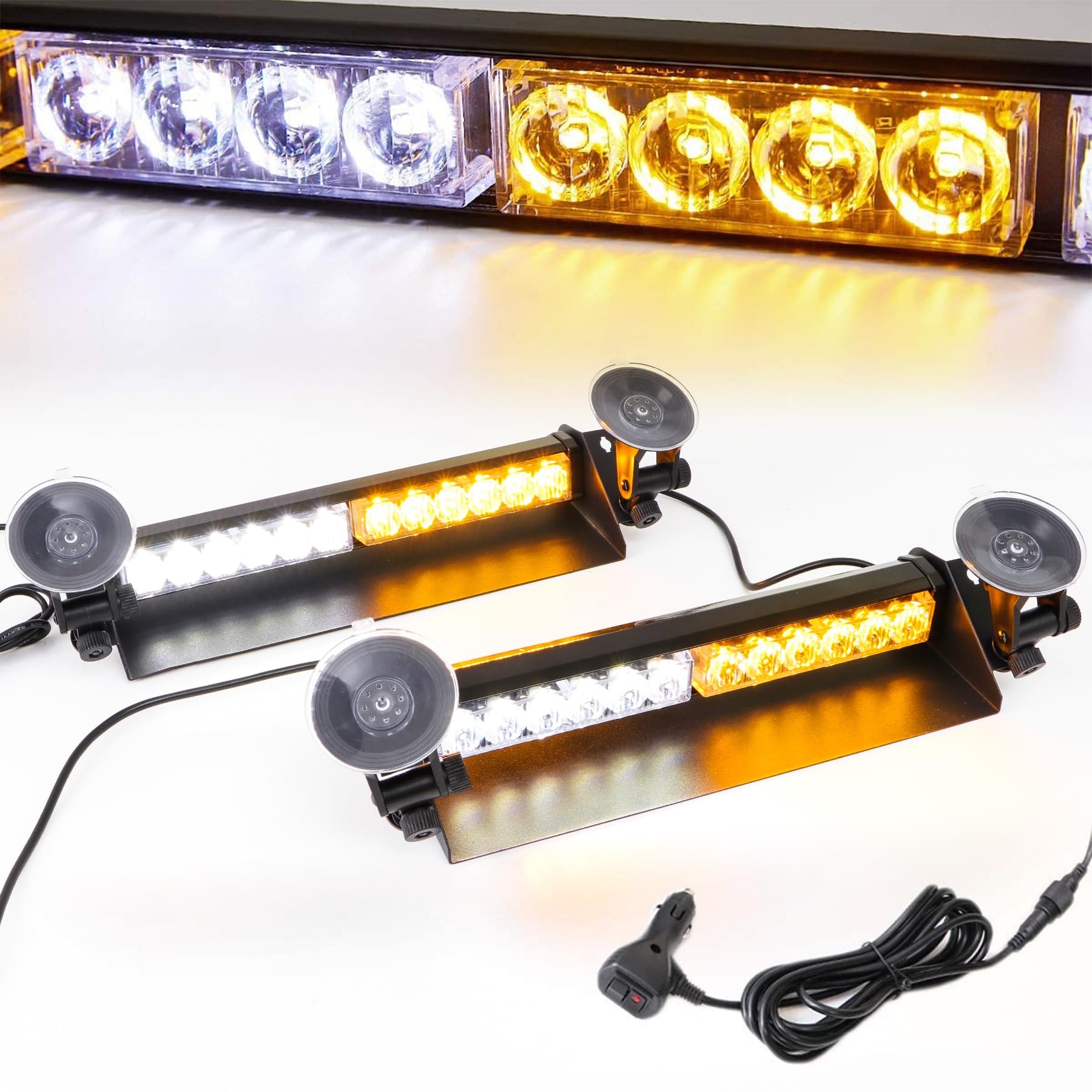 16 Zoll LED-Notwarnlicht Warnleuchte - Gelbes Stärke Blinklicht - LED Stroboskop-Lichtleiste Bernstein Gelb für Auto & LKW - 24 LEDs, 9 Blinkmodi, 4 Saugnäpfe (Orange/Weiß) von ROUTEKING