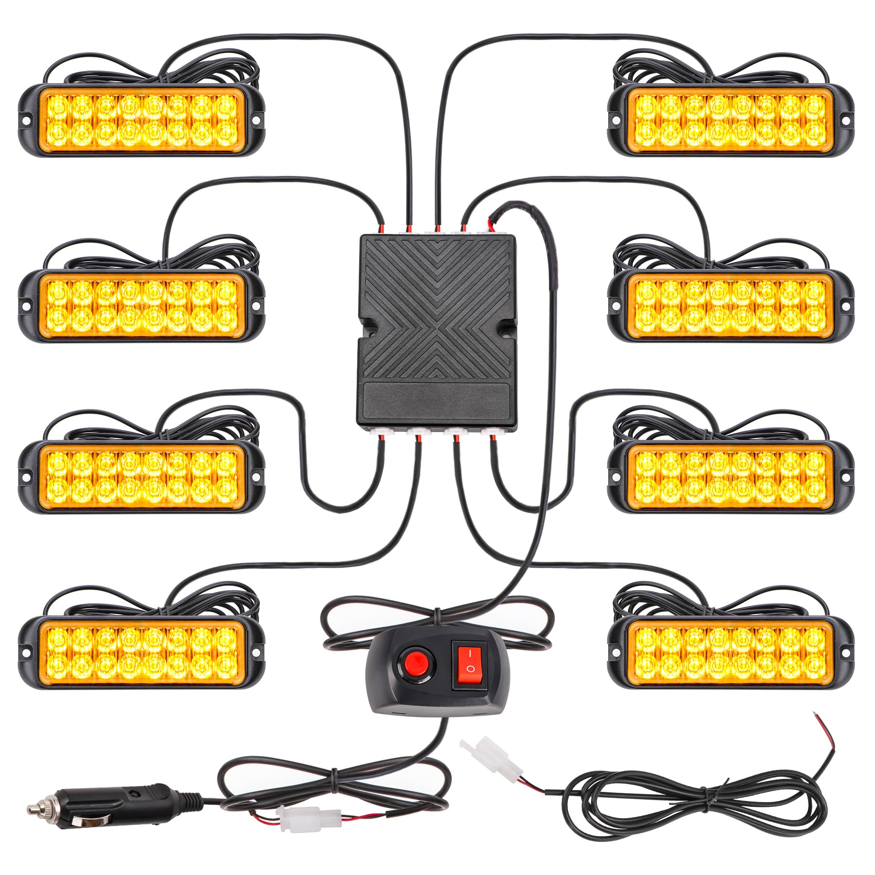 ROUTEKING 8X16LED Warnlicht Frontblitzer - 12V/24V Blinklicht Stroboskoplicht Warnleuchte, IP67 Wasserdicht Warnung Blinklichter Strobe 13Modi Blitzmodul für Truck Traktor Emergency KFZ LKW(Gelb) von ROUTEKING