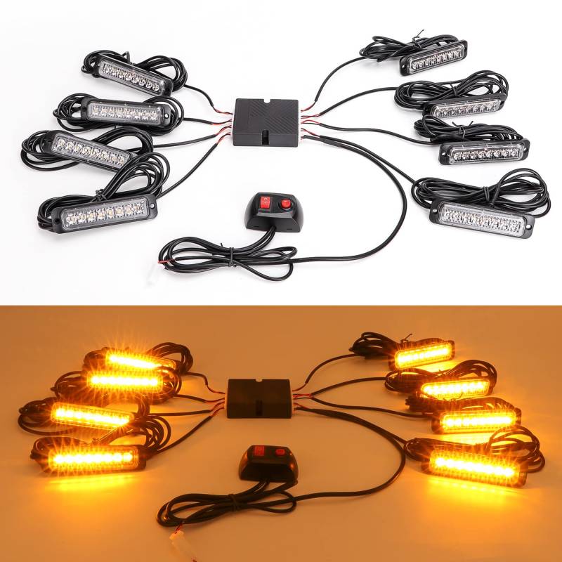 ROUTEKING 8X8LED Warnlicht Frontblitzer - 12V/24V Blinklicht Stroboskoplicht Warnleuchte,IP65 Notfall Warnung Blinklichter Strobe Orange 13Modi Blitzmodul für Truck Traktor Emergency KFZ LKW von ROUTEKING