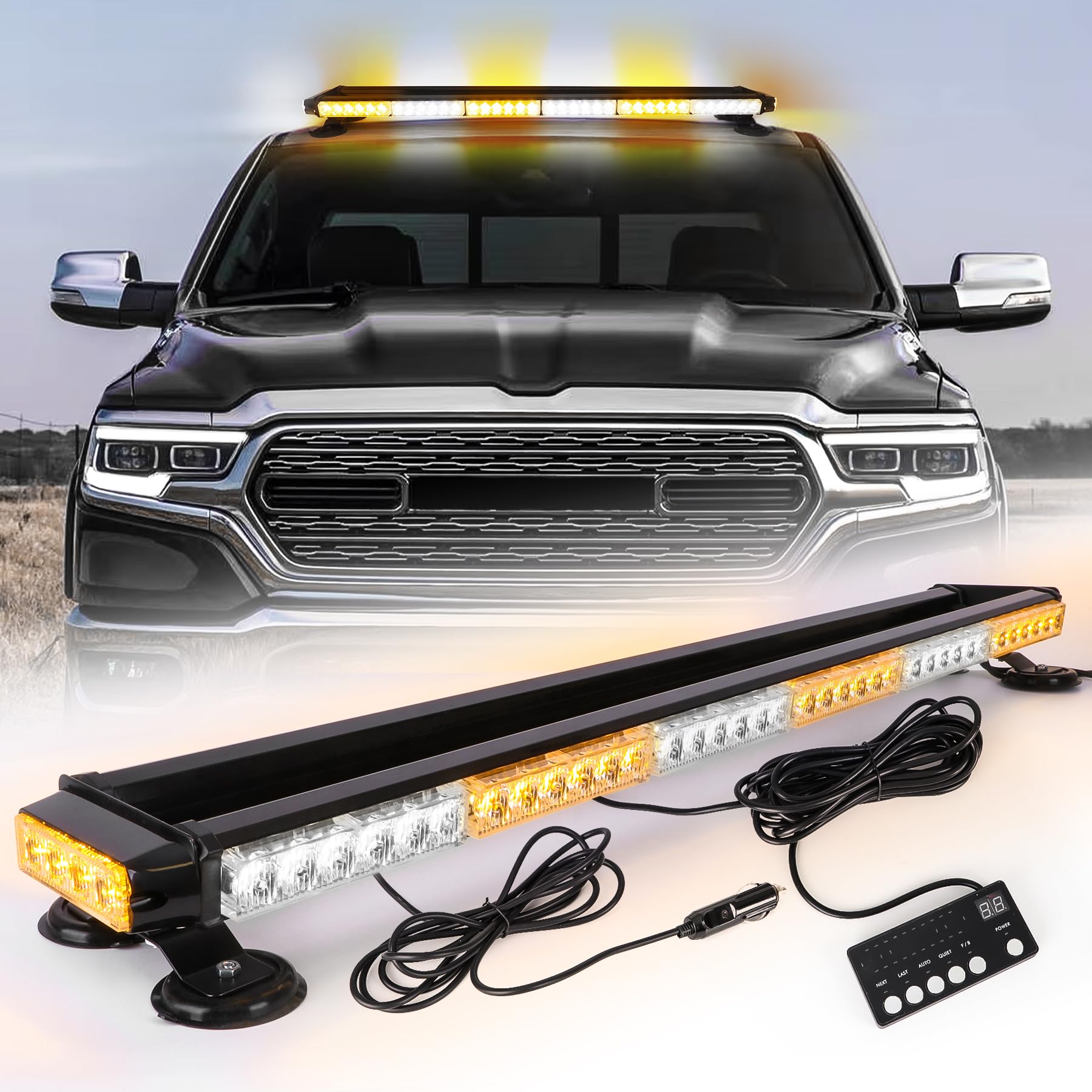 ROUTEKING 95cm 80LED Rundumleuchte Blinklicht - 12/24V Blitzleuchte Amber Warnleuchte Magnetische Notfallblinklampe für Truck Traktor Emergency KFZ LKW (Gelb/Weiß) von ROUTEKING