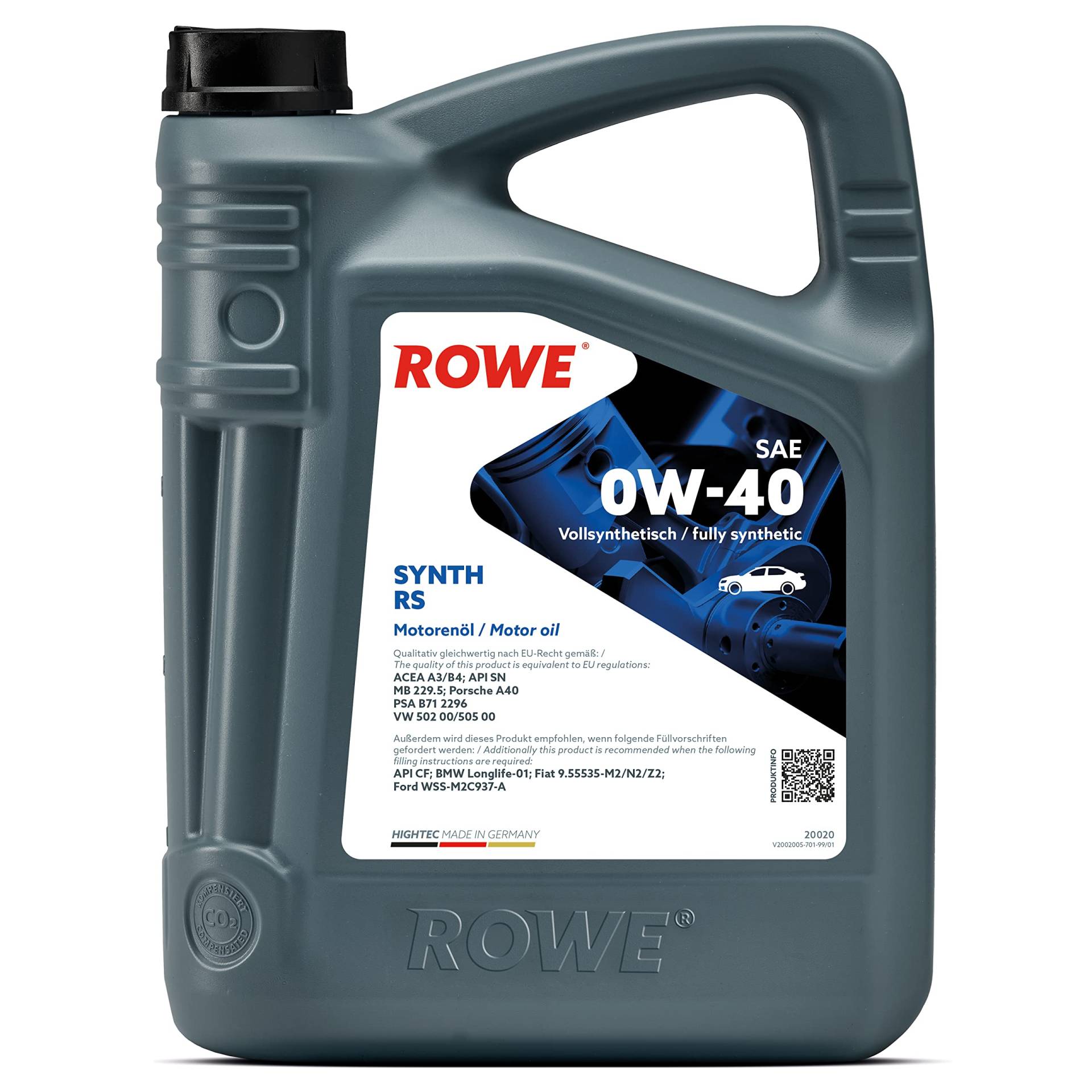 ROWE - 5 Liter HIGHTEC SYNTH RS SAE 0W-40 Motorenöl - für Diesel- und Benzinmotoren mit und ohne Turboaufladung von ROWE