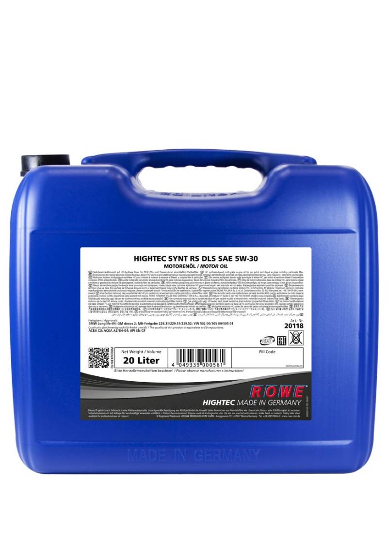 ROWE - 20 Liter HIGHTEC SYNT RS DLS SAE 5W-30 Motorenöl - PKW Motoröl von ROWE