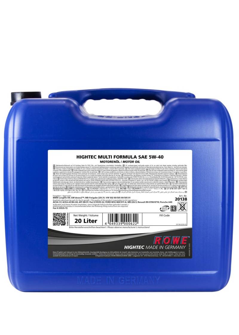 ROWE - 20 Liter HIGHTEC MULTI FORMULA SAE 5W-40 Motorenöl - vollsyntethisch (HC-Synthese) von ROWE