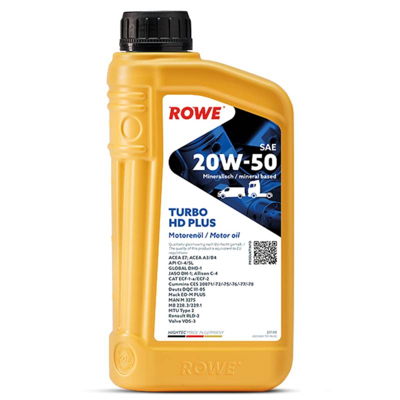 ROWE HIGHTEC Turbo HD SAE 20W-50 Plus - 1 Liter Motoröl für gemischten Fuhrpark mineralisch | Made in Germany von ROWE