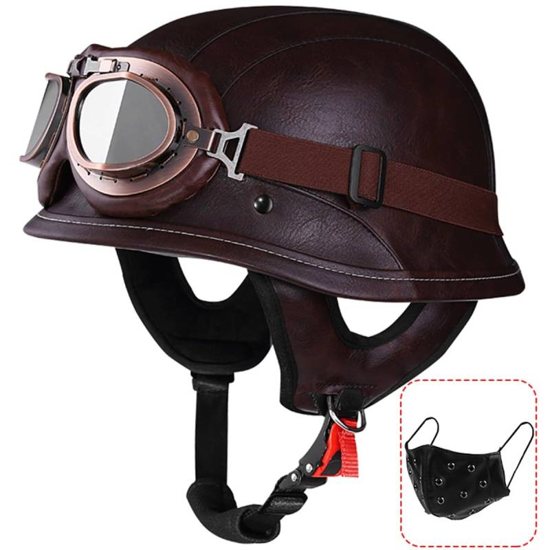 Deutsche Motorrad Halbhelme, Retro Leder Halbschalenhelm, Vintage Jethelm ECE-Zertifizierung Chopper Helm mit Schutzbrille für Mopeds Cruiser mit Schnellverschlussschnallen von RQTEUYE