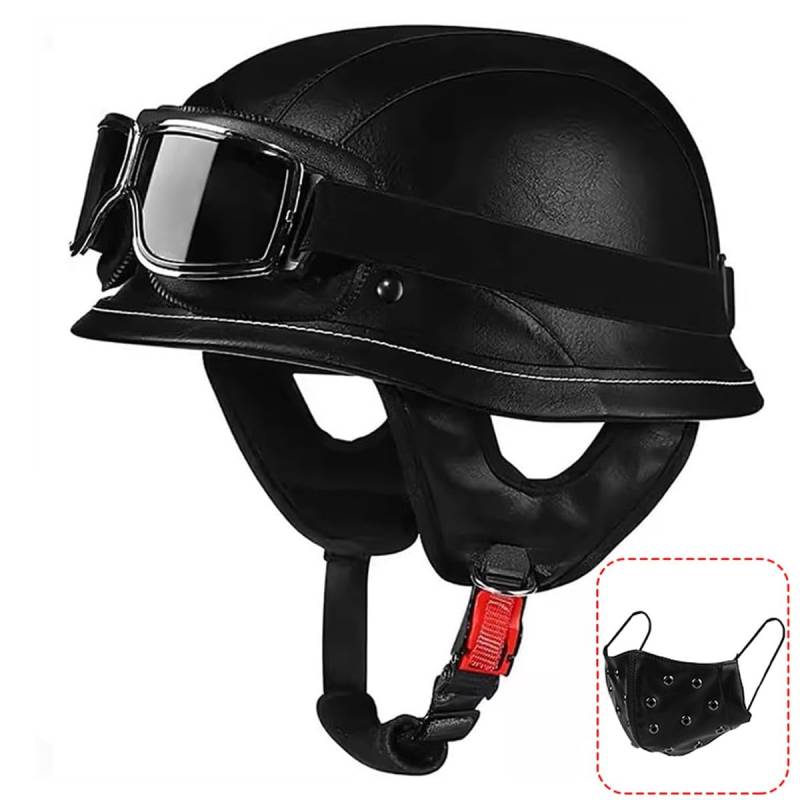 Deutsche Motorrad Halbhelme, Retro Leder Halbschalenhelm, Vintage Jethelm ECE-Zertifizierung Chopper Helm mit Schutzbrille für Mopeds Cruiser mit Schnellverschlussschnallen von RQTEUYE