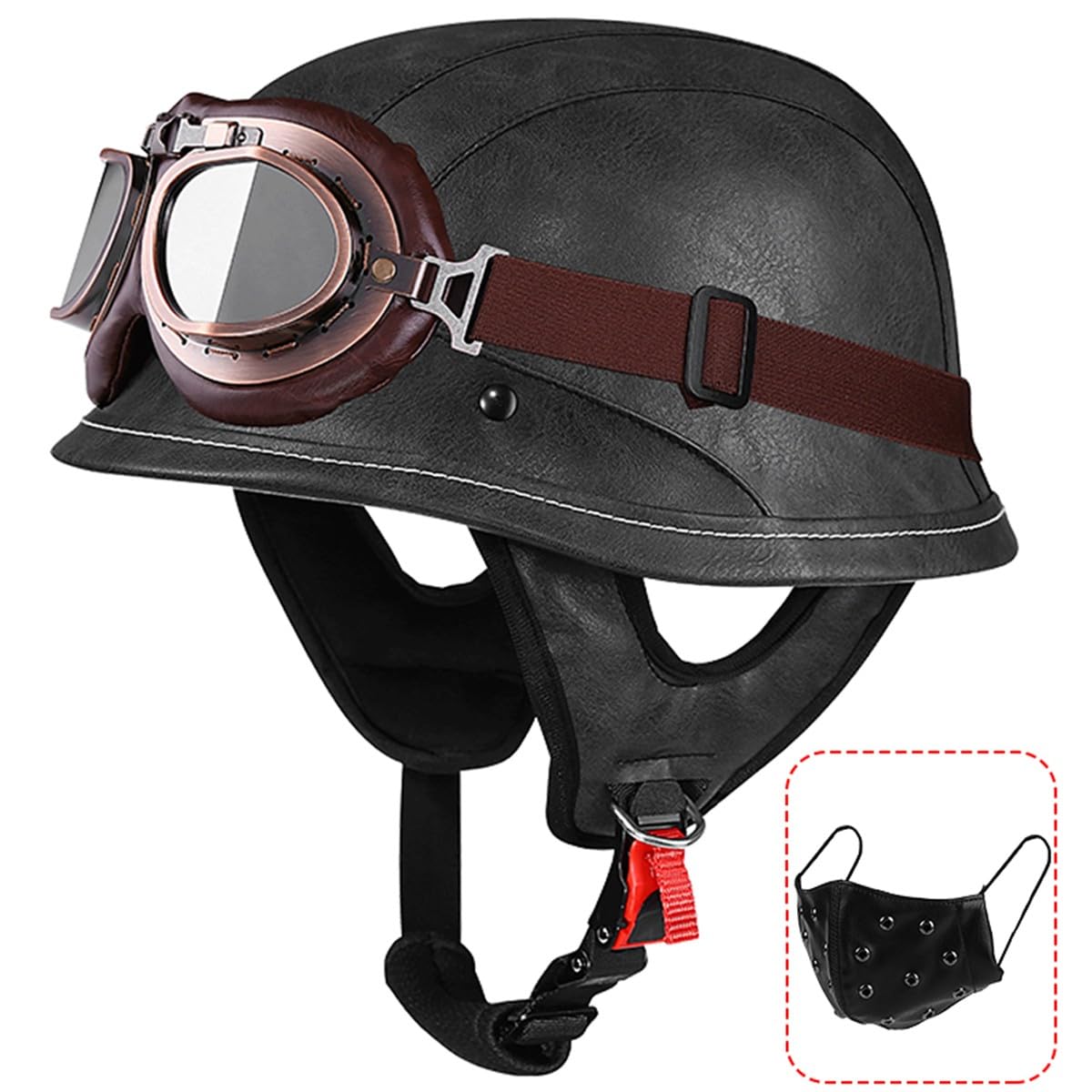 Deutsche Motorrad Halbhelme, Retro Leder Halbschalenhelm, Vintage Jethelm ECE-Zertifizierung Chopper Helm mit Schutzbrille für Mopeds Cruiser mit Schnellverschlussschnallen von RQTEUYE