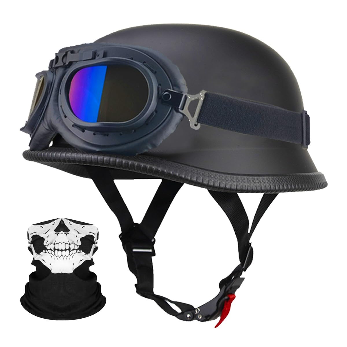 Deutsche Motorrad Jethelm ECE-Zertifizierung, Vintage Halbhelme Halbschalenhelm mit Schutzbrille Chopper Helm für Cruiser Street Scooter mit Schnellverschlussschnallen 22.4-25.2in von RQTEUYE