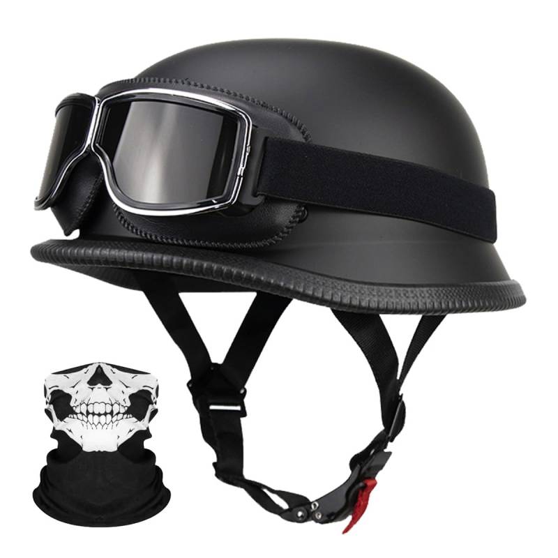 Deutsche Motorrad Jethelm ECE-Zertifizierung, Vintage Halbhelme Halbschalenhelm mit Schutzbrille Chopper Helm für Cruiser Street Scooter mit Schnellverschlussschnallen 22.4-25.2in von RQTEUYE