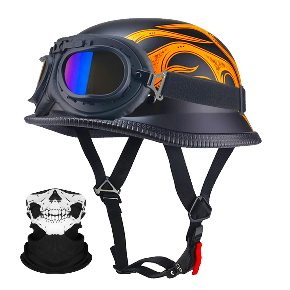 Deutsche Motorrad Jethelm ECE-Zertifizierung, Vintage Halbhelme Halbschalenhelm mit Schutzbrille Chopper Helm für Cruiser Street Scooter mit Schnellverschlussschnallen 22.4-25.2in von RQTEUYE