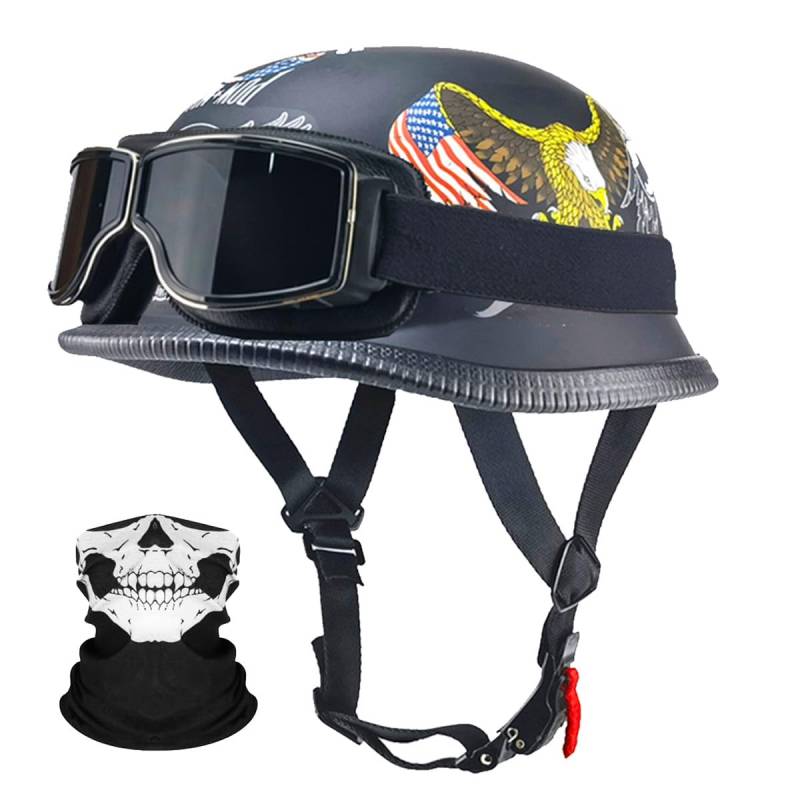 Deutsche Motorrad Jethelm ECE-Zertifizierung, Vintage Halbhelme Halbschalenhelm mit Schutzbrille Chopper Helm für Cruiser Street Scooter mit Schnellverschlussschnallen 22.4-25.2in von RQTEUYE