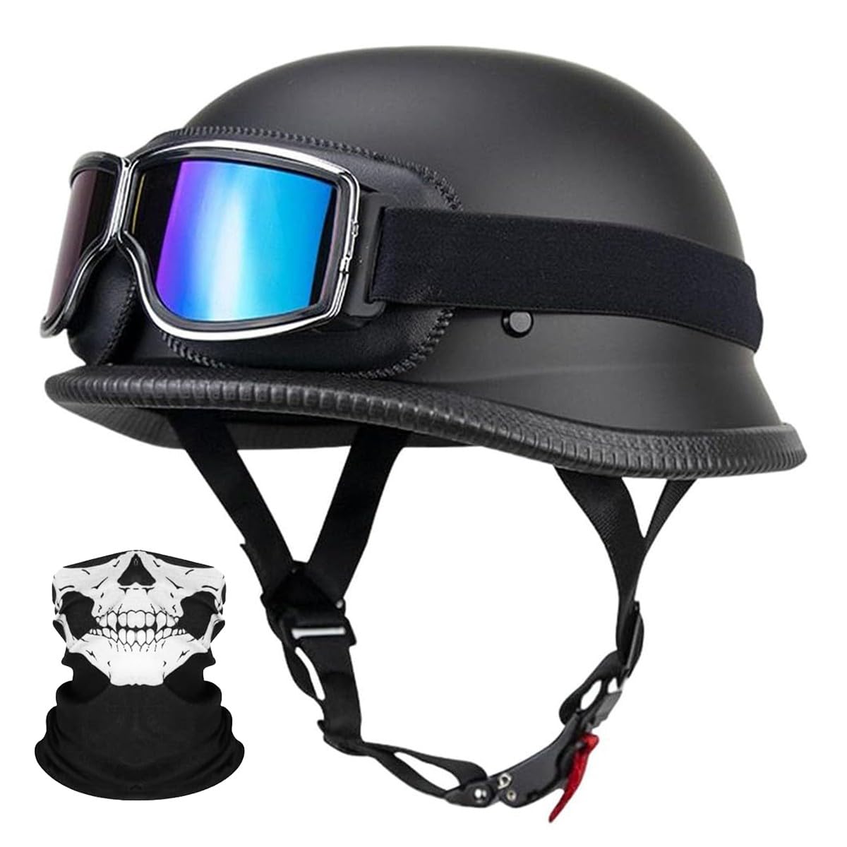 Deutsche Motorrad Jethelm ECE-Zertifizierung, Vintage Halbhelme Halbschalenhelm mit Schutzbrille Chopper Helm für Cruiser Street Scooter mit Schnellverschlussschnallen 22.4-25.2in von RQTEUYE