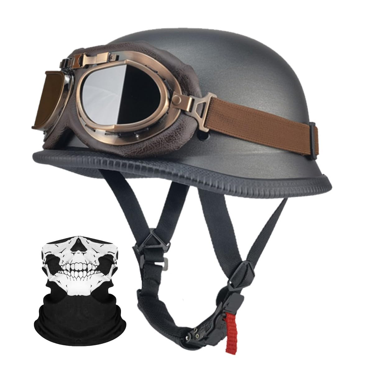 Deutsche Motorrad Jethelm ECE-Zertifizierung, Vintage Halbhelme Halbschalenhelm mit Schutzbrille Chopper Helm für Cruiser Street Scooter mit Schnellverschlussschnallen 22.4-25.2in von RQTEUYE