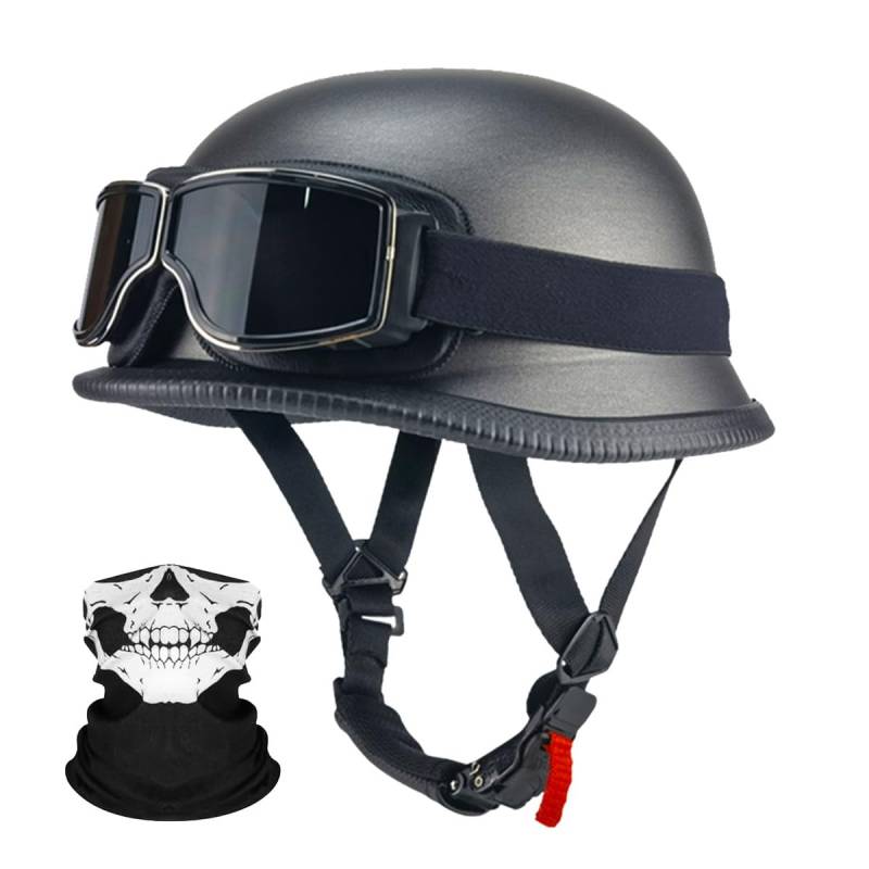 Deutsche Motorrad Jethelm ECE-Zertifizierung, Vintage Halbhelme Halbschalenhelm mit Schutzbrille Chopper Helm für Cruiser Street Scooter mit Schnellverschlussschnallen 22.4-25.2in von RQTEUYE