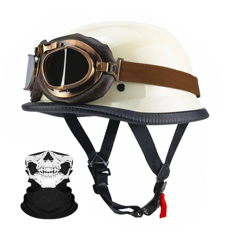 Deutsche Motorrad Jethelm ECE-Zertifizierung, Vintage Halbhelme Halbschalenhelm mit Schutzbrille Chopper Helm für Cruiser Street Scooter mit Schnellverschlussschnallen 22.4-25.2in von RQTEUYE