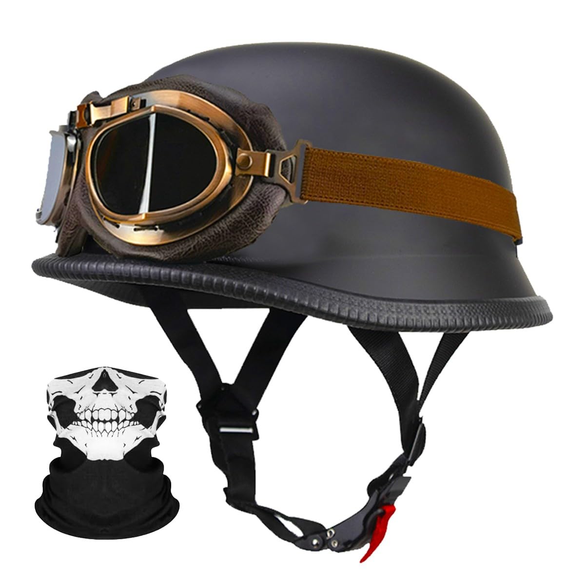 Deutsche Motorrad Jethelm ECE-Zertifizierung, Vintage Halbhelme Halbschalenhelm mit Schutzbrille Chopper Helm für Cruiser Street Scooter mit Schnellverschlussschnallen 22.4-25.2in von RQTEUYE