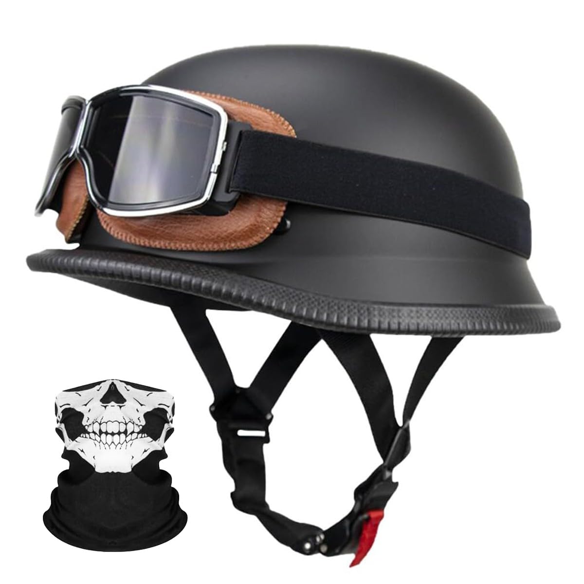 Deutsche Motorrad Jethelm ECE-Zertifizierung, Vintage Halbhelme Halbschalenhelm mit Schutzbrille Chopper Helm für Cruiser Street Scooter mit Schnellverschlussschnallen 22.4-25.2in von RQTEUYE