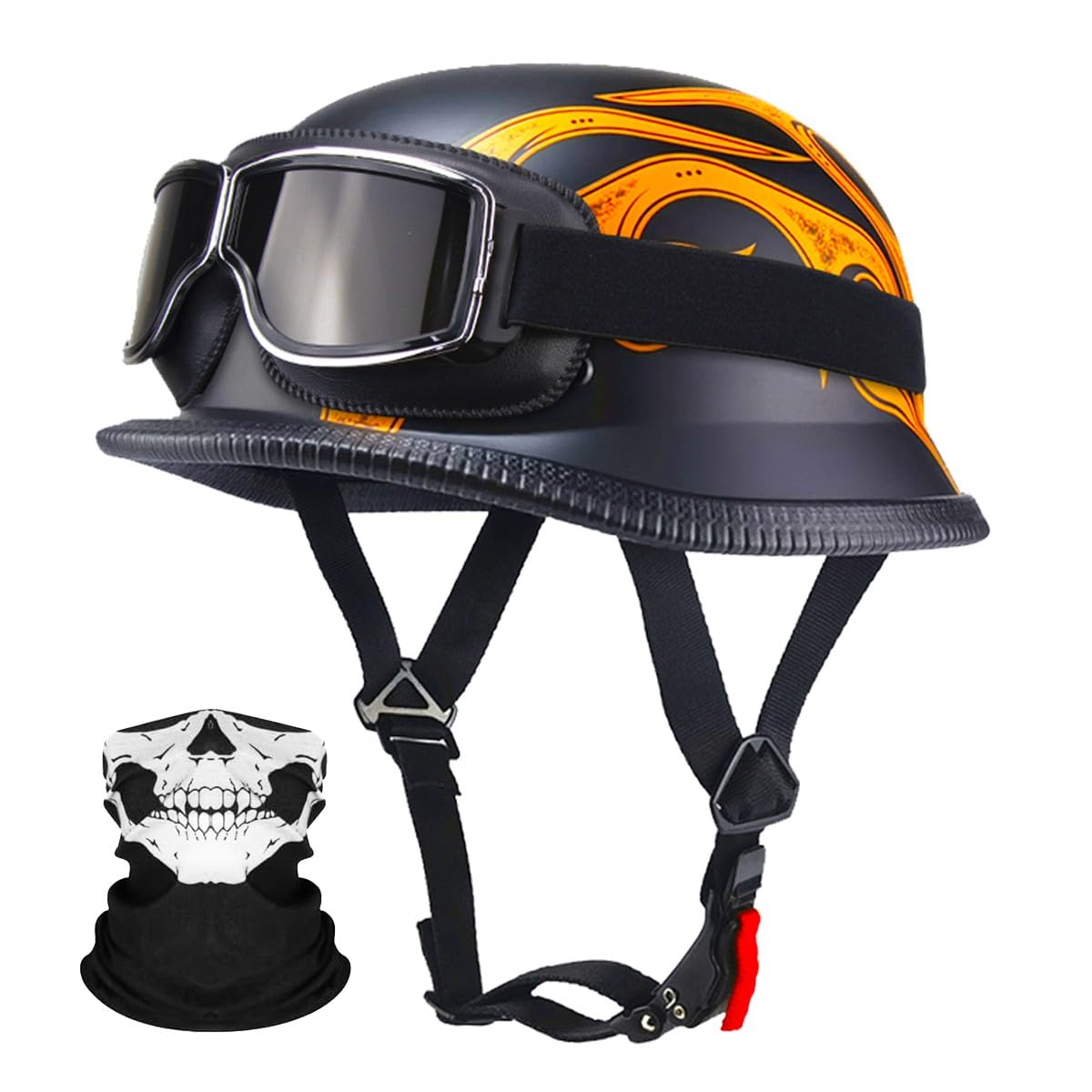 Deutsche Motorrad Jethelm ECE-Zertifizierung, Vintage Halbhelme Halbschalenhelm mit Schutzbrille Chopper Helm für Cruiser Street Scooter mit Schnellverschlussschnallen 22.4-25.2in von RQTEUYE