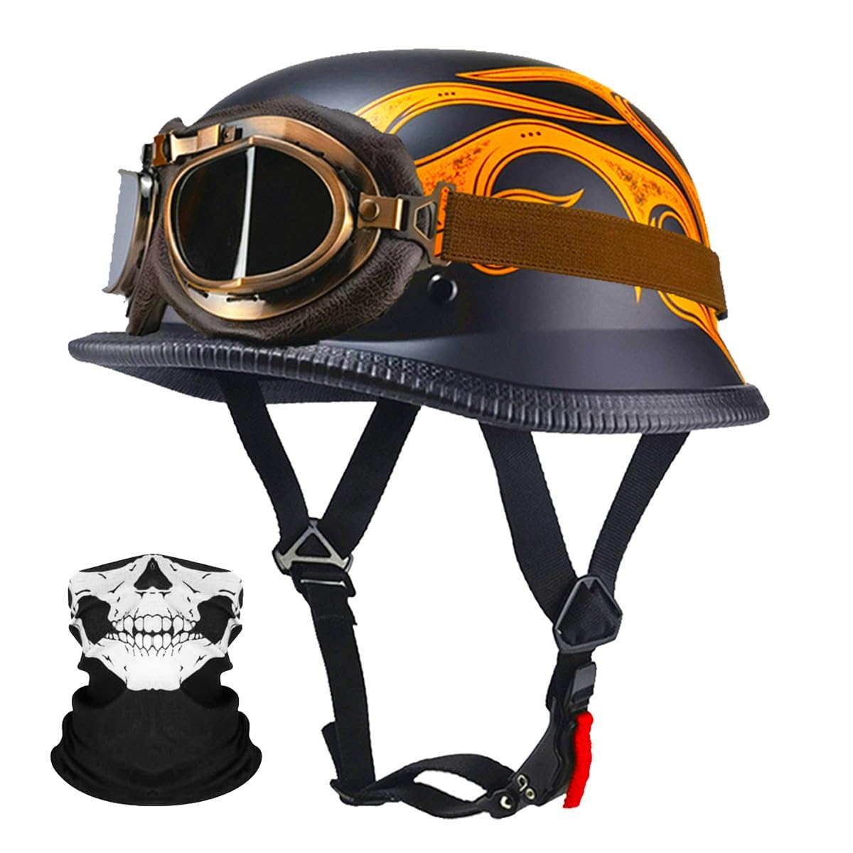 Deutsche Motorrad Jethelm ECE-Zertifizierung, Vintage Halbhelme Halbschalenhelm mit Schutzbrille Chopper Helm für Cruiser Street Scooter mit Schnellverschlussschnallen 22.4-25.2in von RQTEUYE