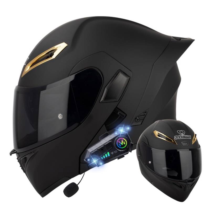 Klapphelm mit Bluetooth, Bluetooth Integralhelm Motorradhelm mit Doppelvisier, ECE Zertifiziert Hohe Qualität Helm, Verschiedene farbige Linsen, für Frauen Männer（22.4-25.2in） von RQTEUYE