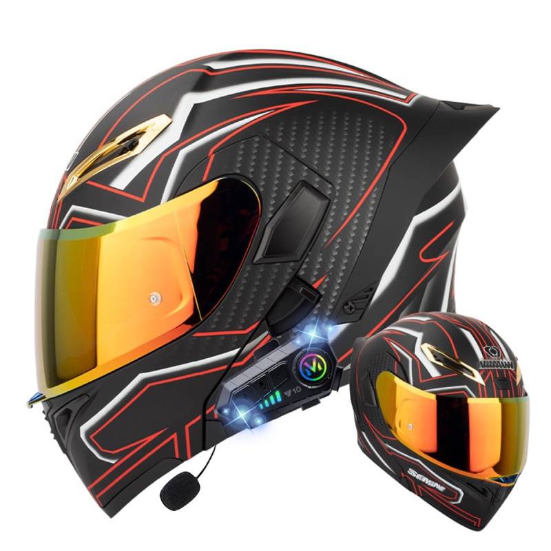 Klapphelm mit Bluetooth, Bluetooth Integralhelm Motorradhelm mit Doppelvisier, ECE Zertifiziert Hohe Qualität Helm, Verschiedene farbige Linsen, für Frauen Männer（22.4-25.2in） von RQTEUYE